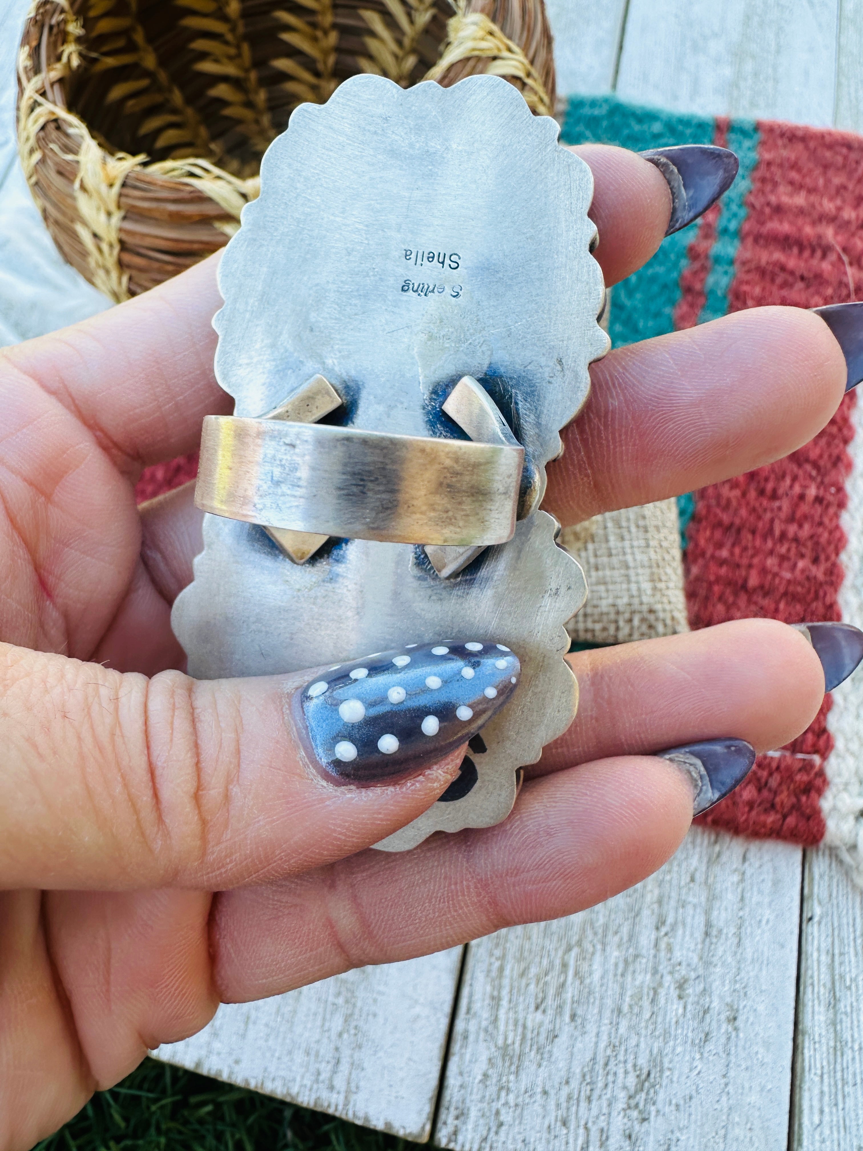 Handcrafted Turquoise, Spiny & Sterling Silver Cluster Ring Size 12 by Sheila Becenti