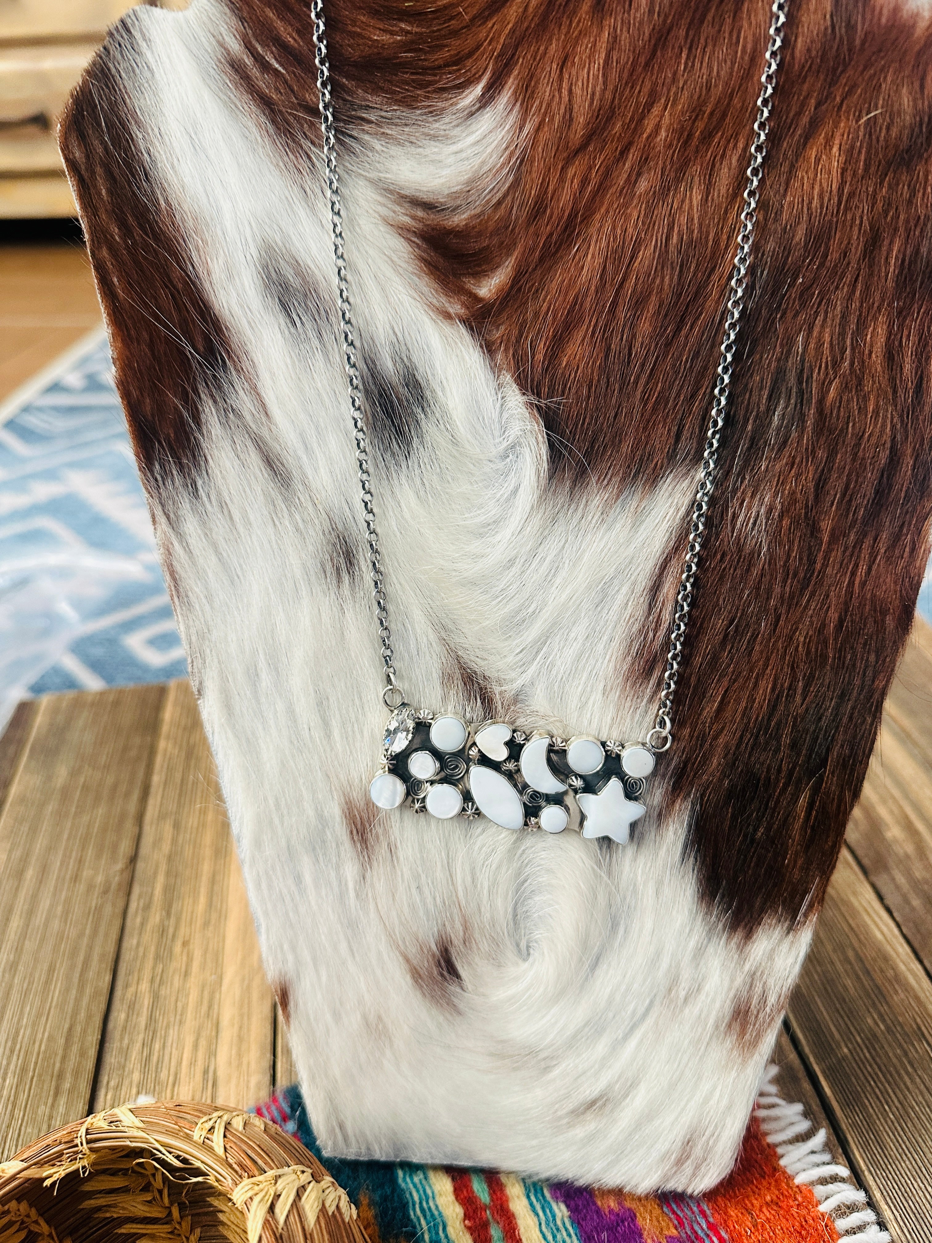 Handcrafted Mother of Pearl, CZ & Sterling Silver Bar Necklace by Jacqueline Silver