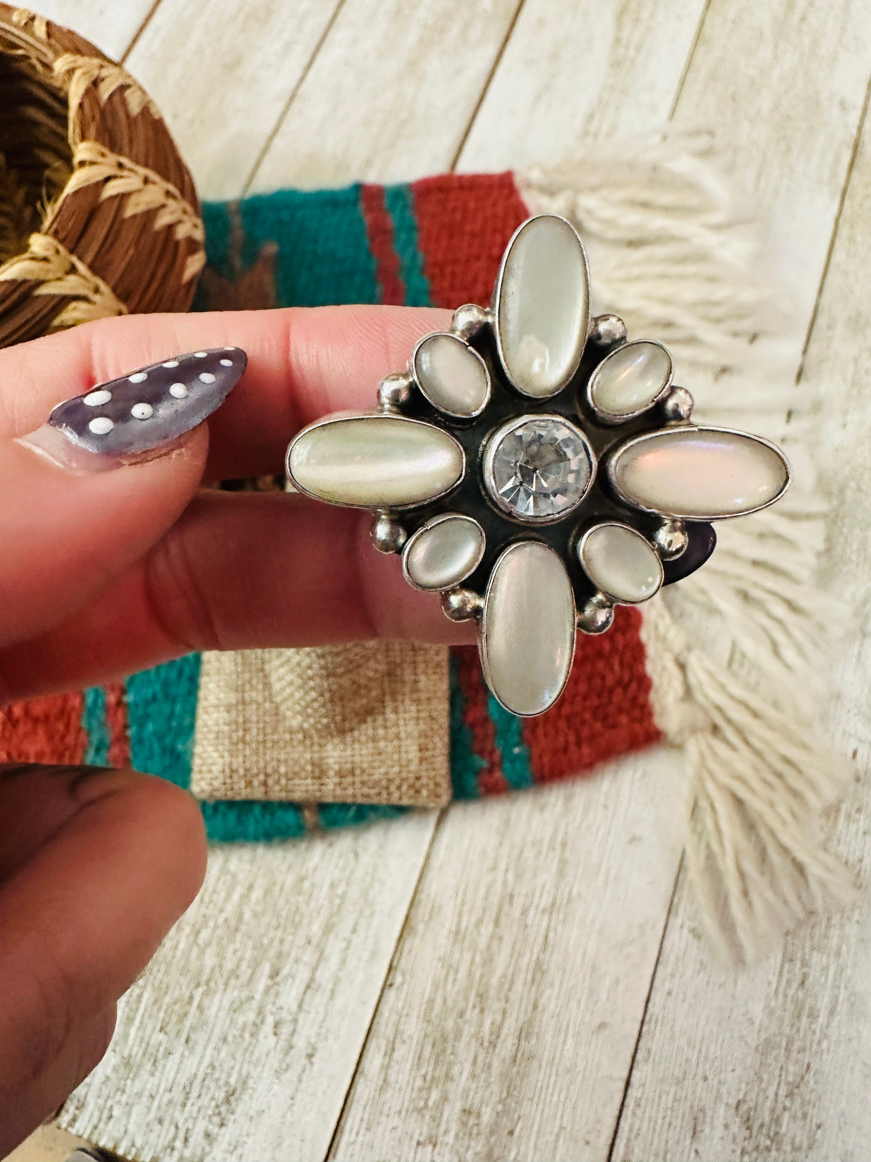 Handcrafted Mother of Pearl, CZ & Sterling Silver Adjustable Ring by Jacqueline Silver