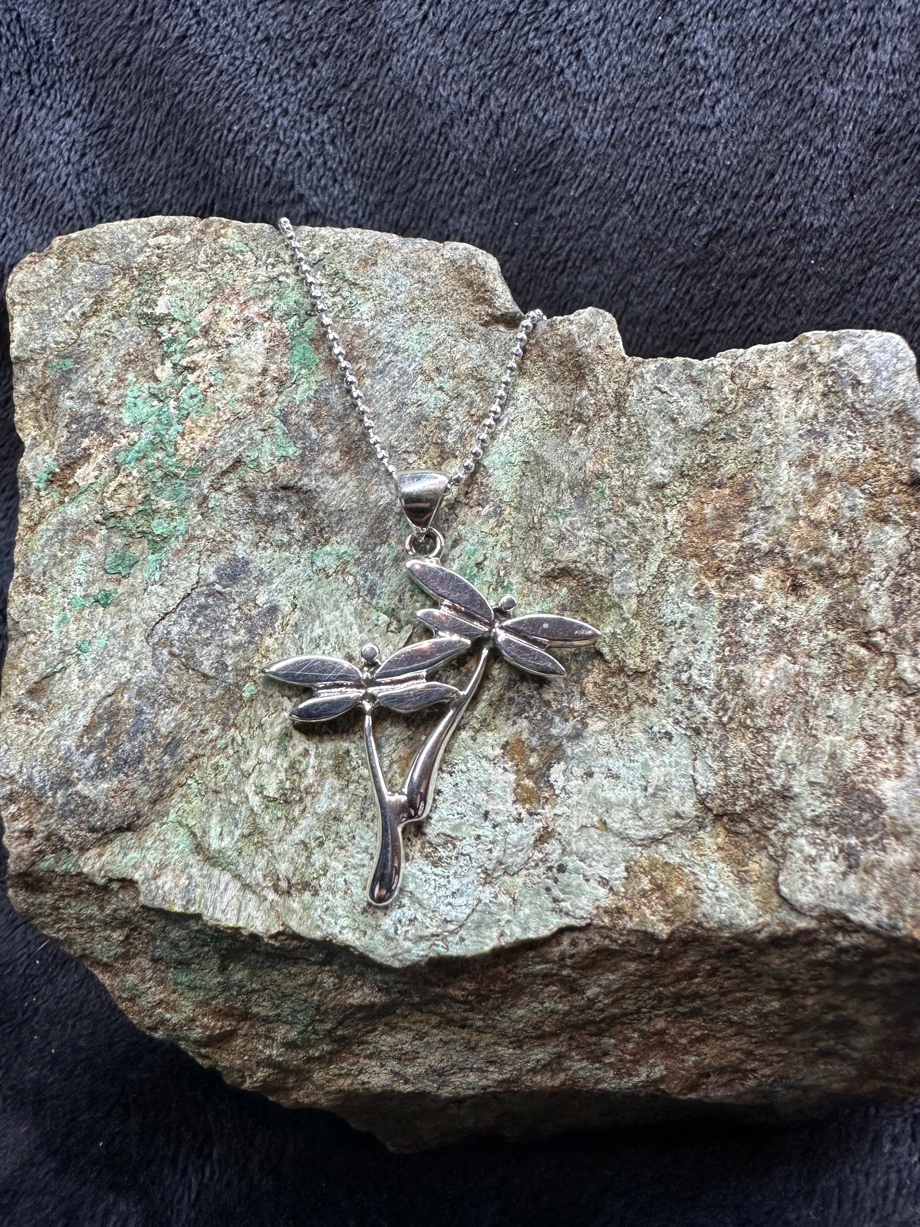 Double Dragonfly Sterling Silver Pendant Necklace