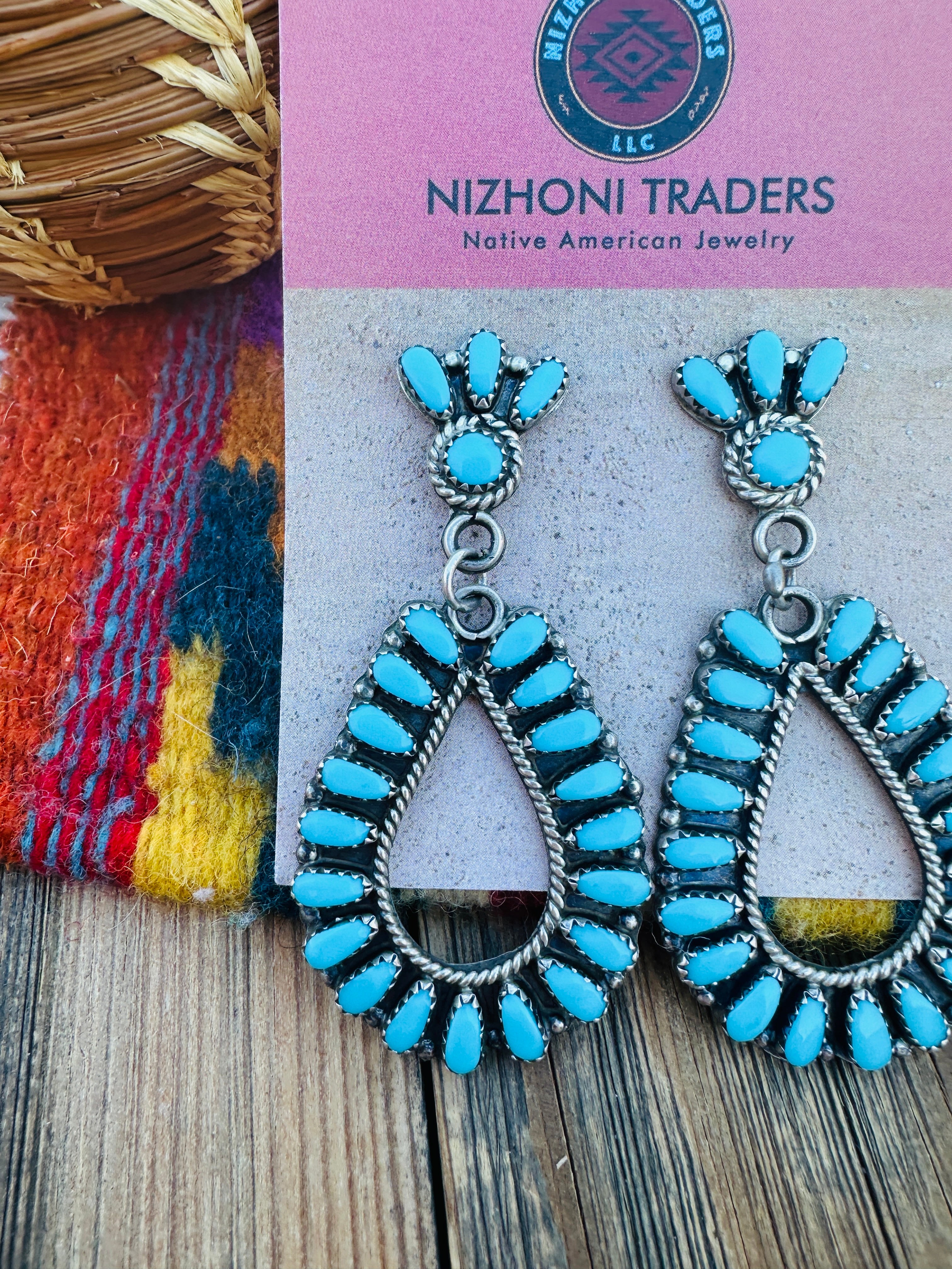 Handcrafted Old Pawn Sterling Silver & Turquoise Cluster Dangle Earrings