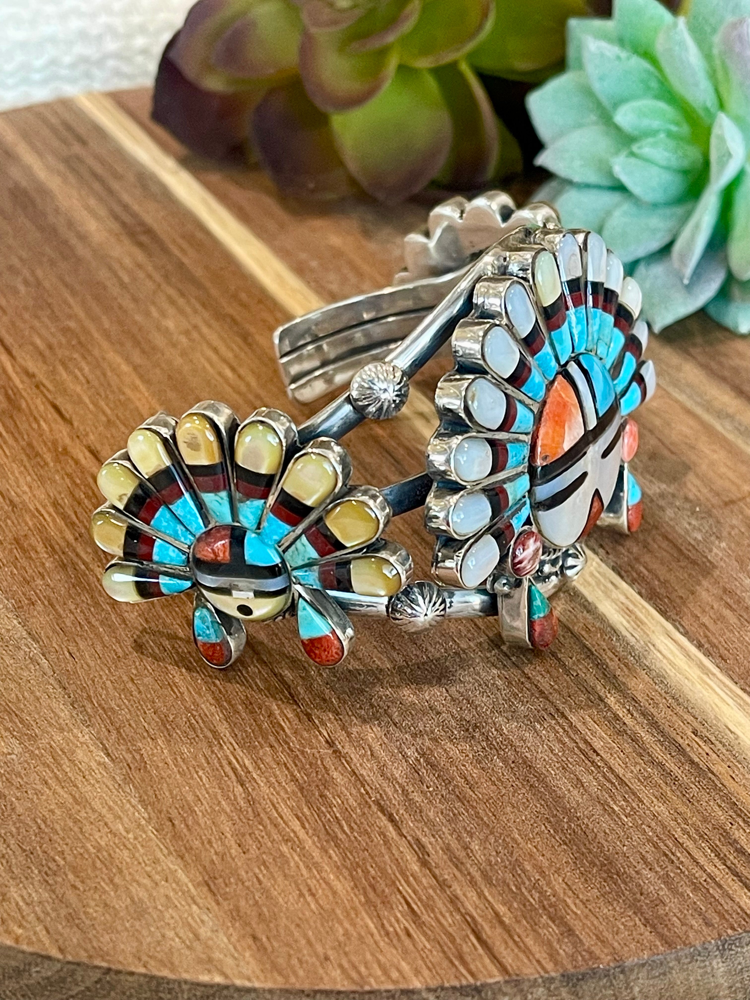 Handmade Sterling Silver & Multistone Sun Face Adjustable Cuff Bracelet /