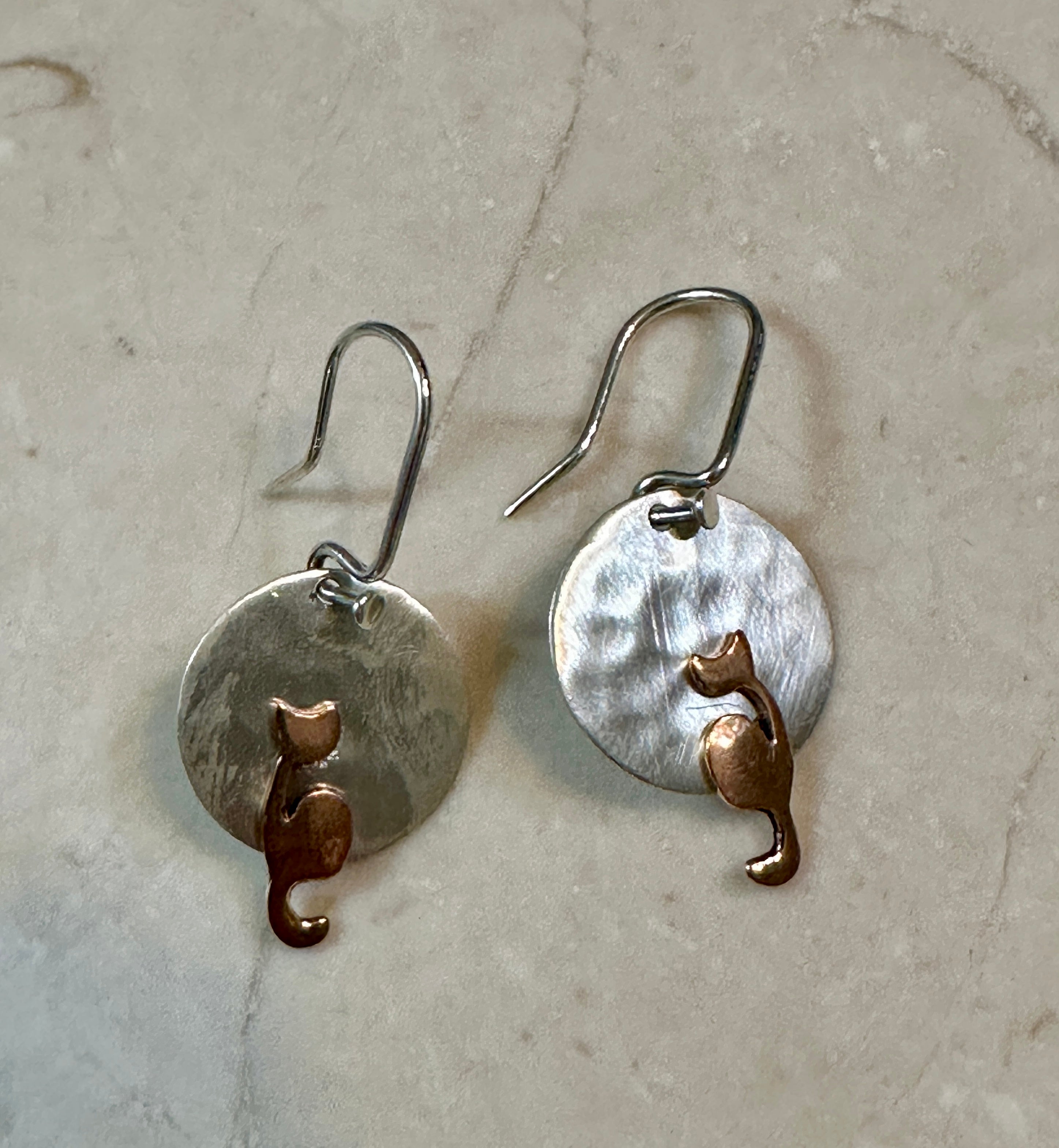 Copper Cat on Hammered Disc Earrings