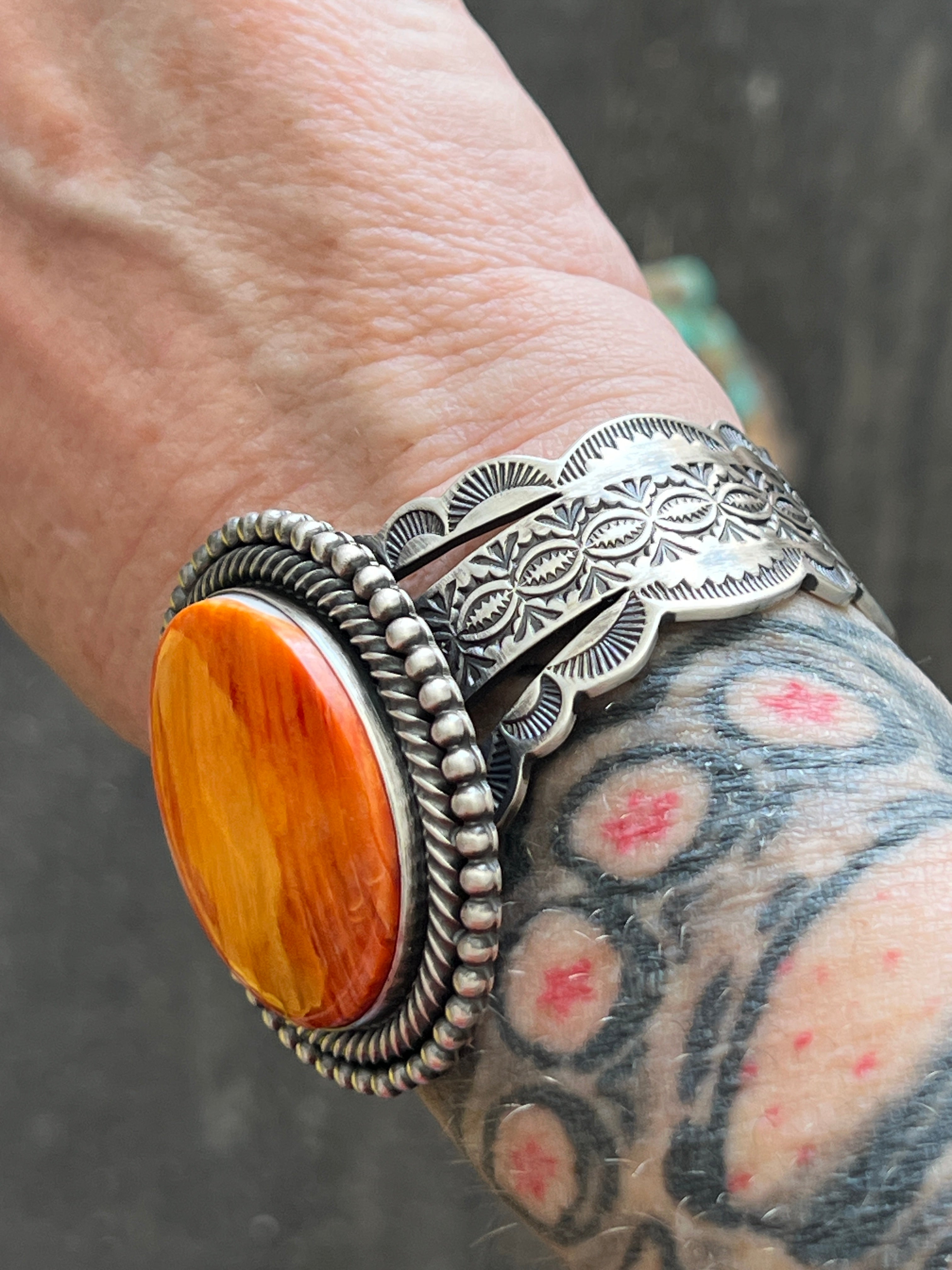 Handcrafted & Hand Stamped Sterling Silver Split Cuff Bracelet with Spiny Oyster Shell by Murphy Platero
