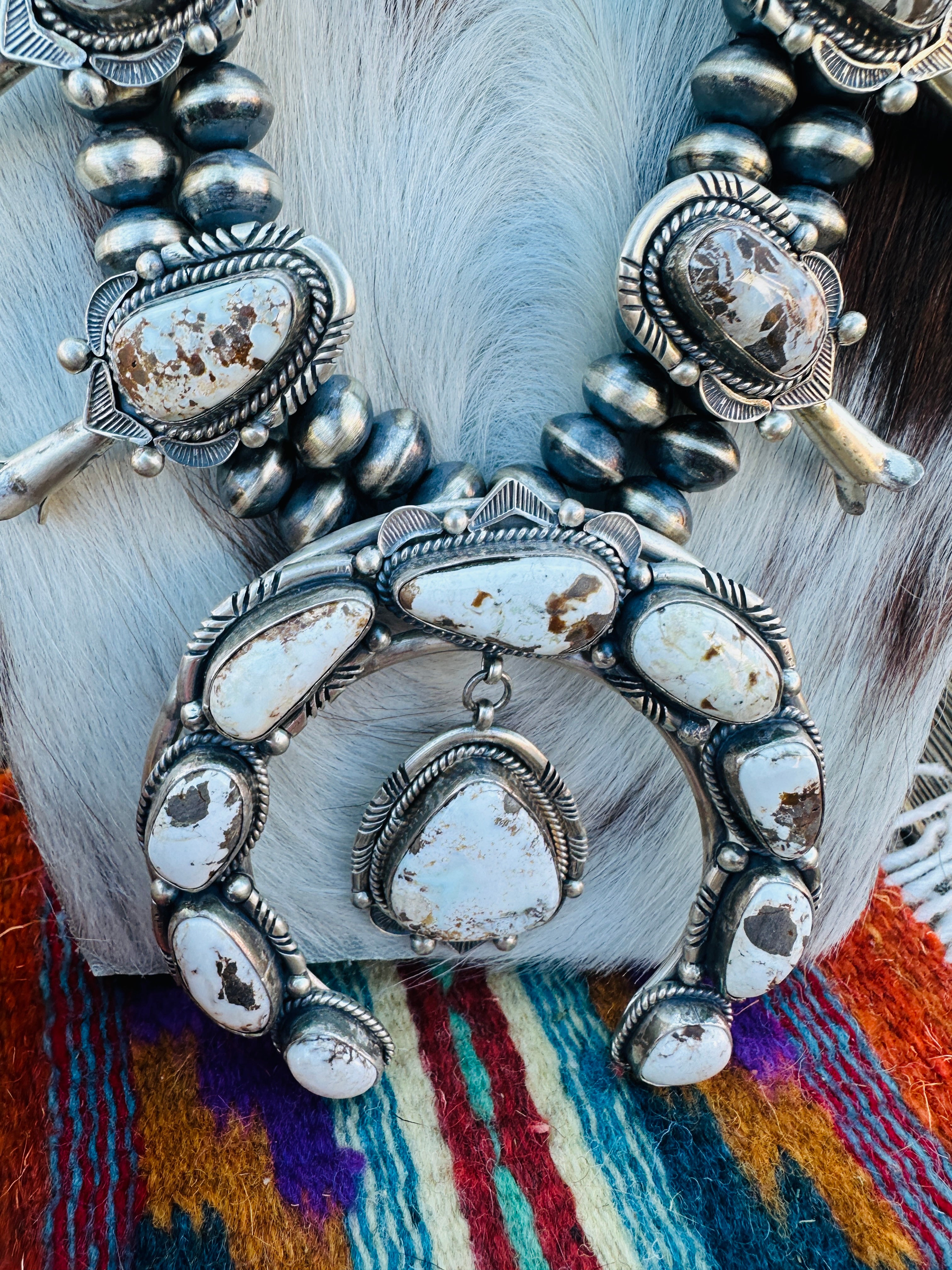 Handcrafted Dry Creek Turquoise & Sterling Silver Squash Blossom Necklace and Earring Set