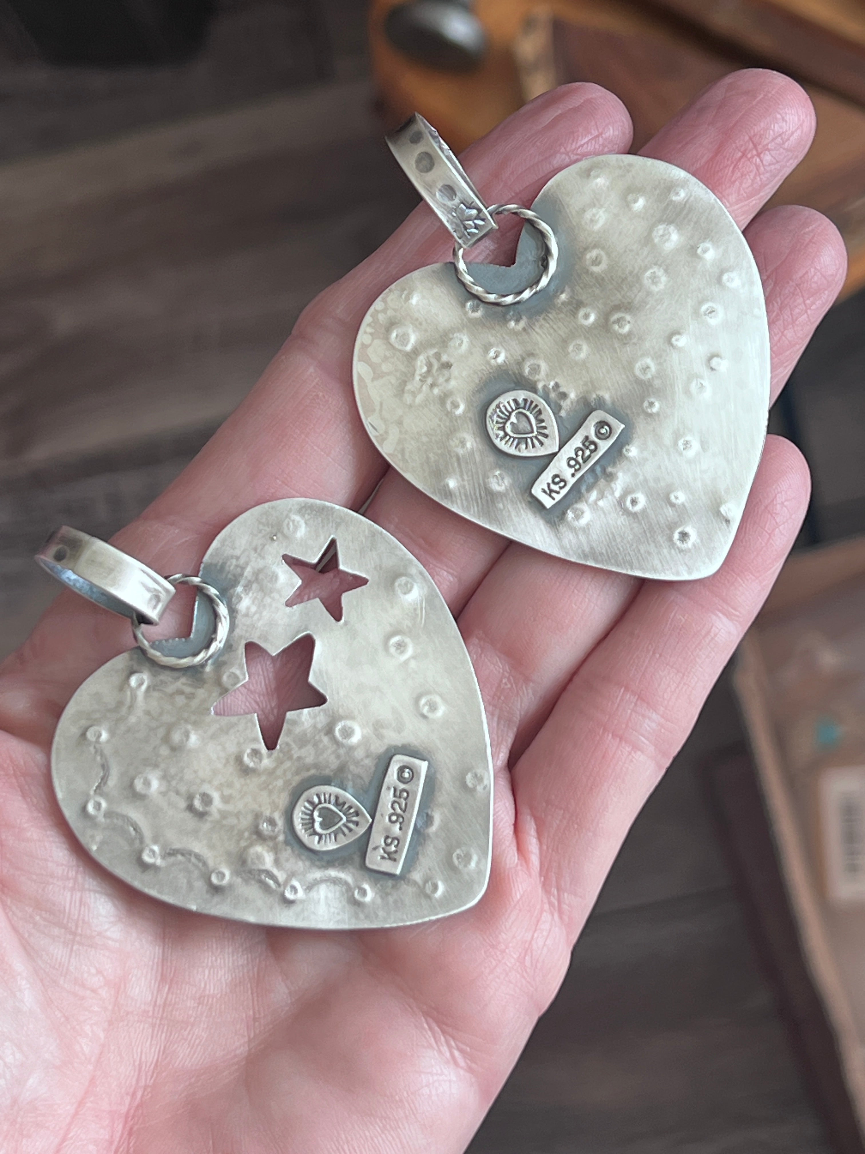 Hand Stamped Sterling Silver & Turquoise Heart Pendants w/ Brass Accents by Kimari Somers