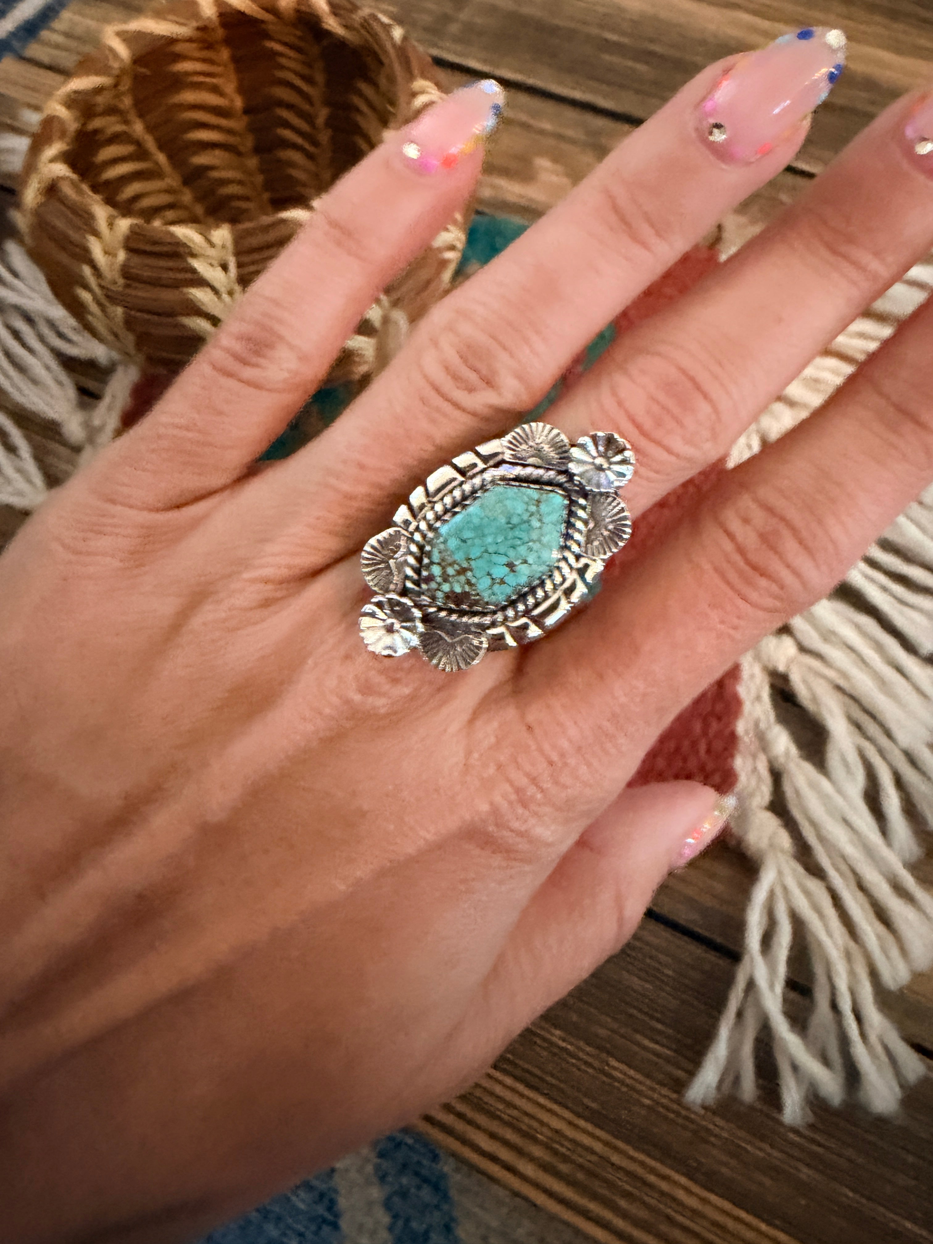 Handmade Sterling Silver Number 8 Turquoise Adjustable Ring Signed Nizhoni
