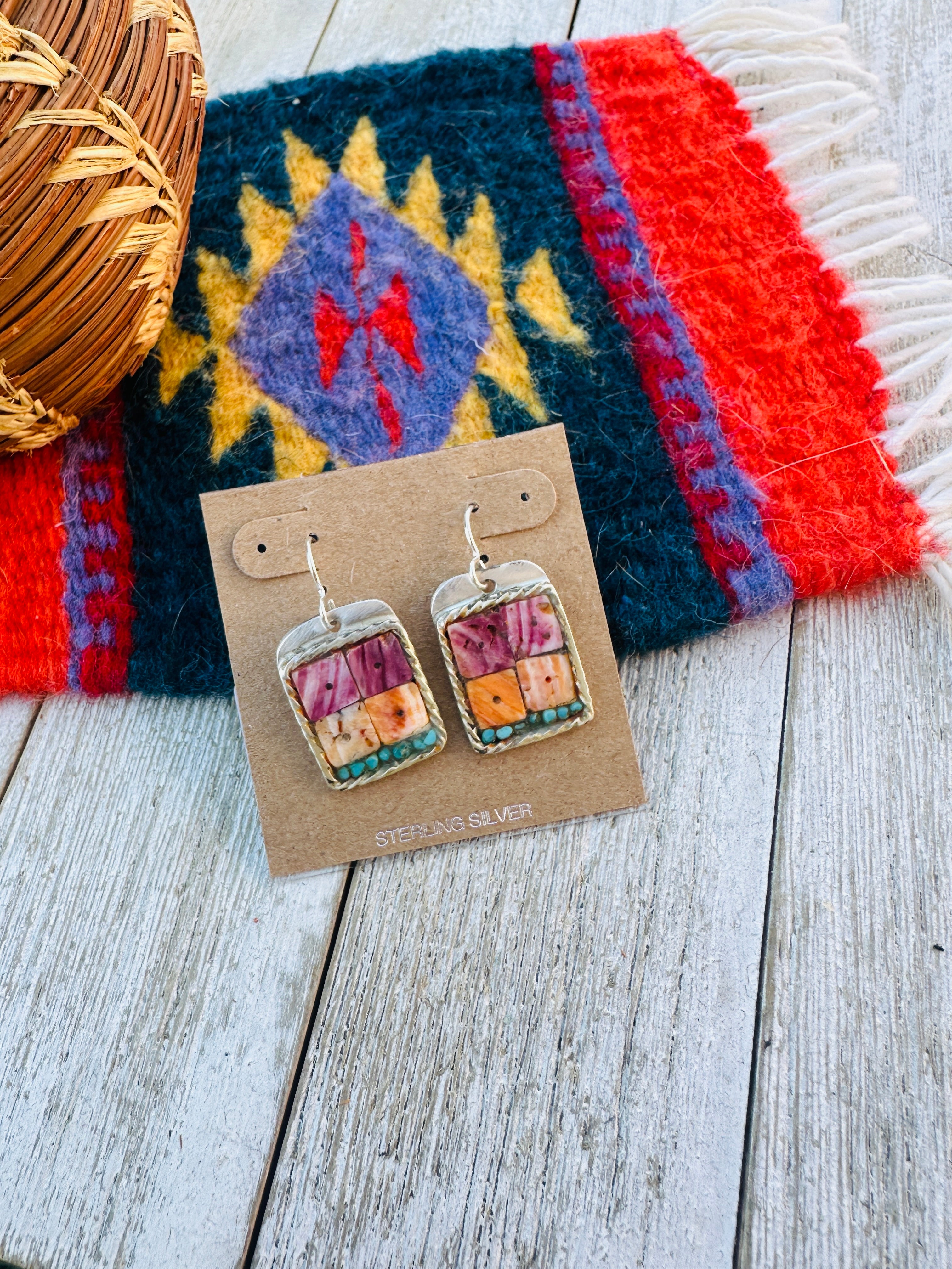 Handcrafted Spiny, Turquoise & Sterling Silver Inlay Dangle Earrings