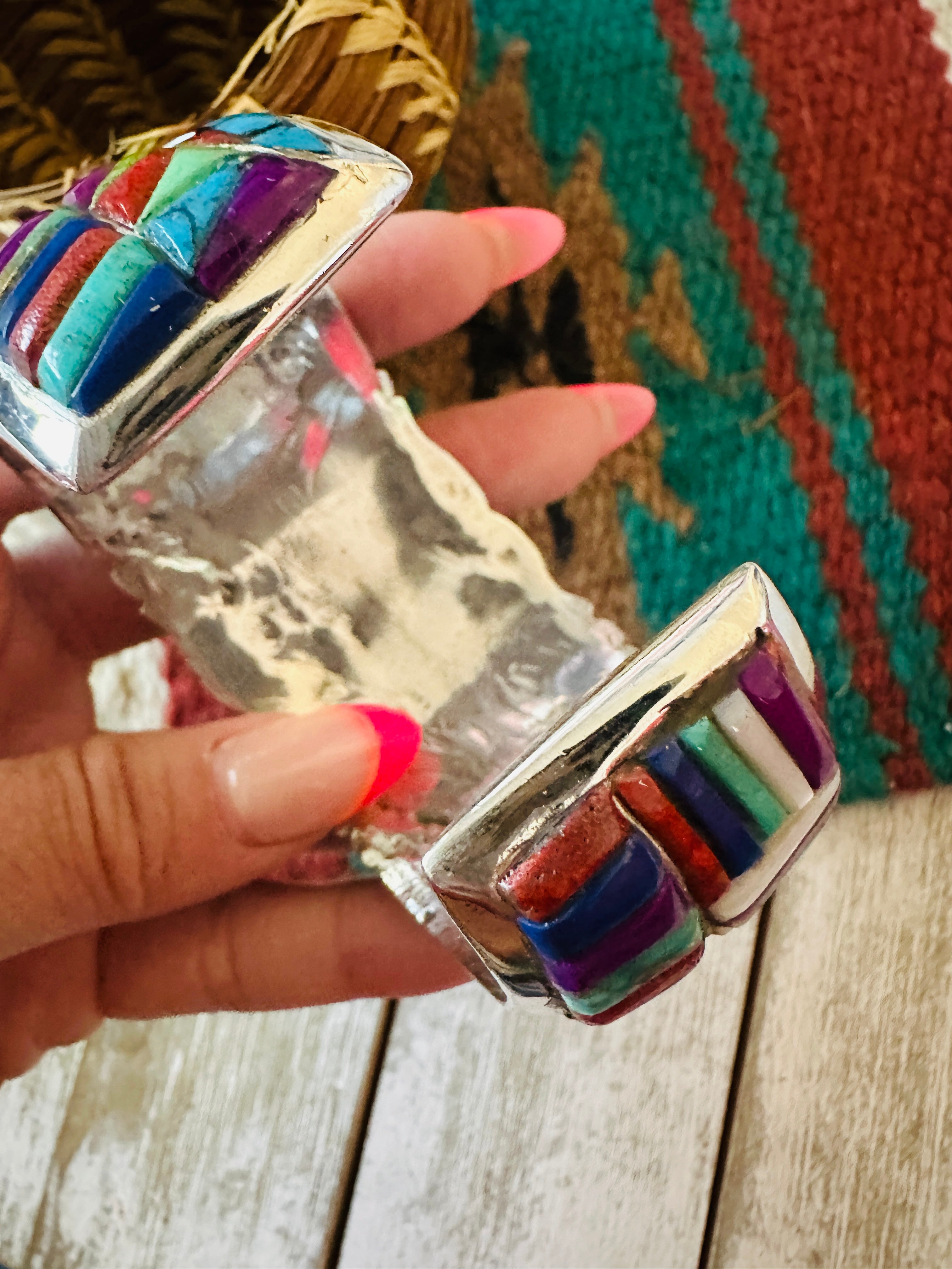 Handmade Sterling Silver Multi Stone Inlay Cuff