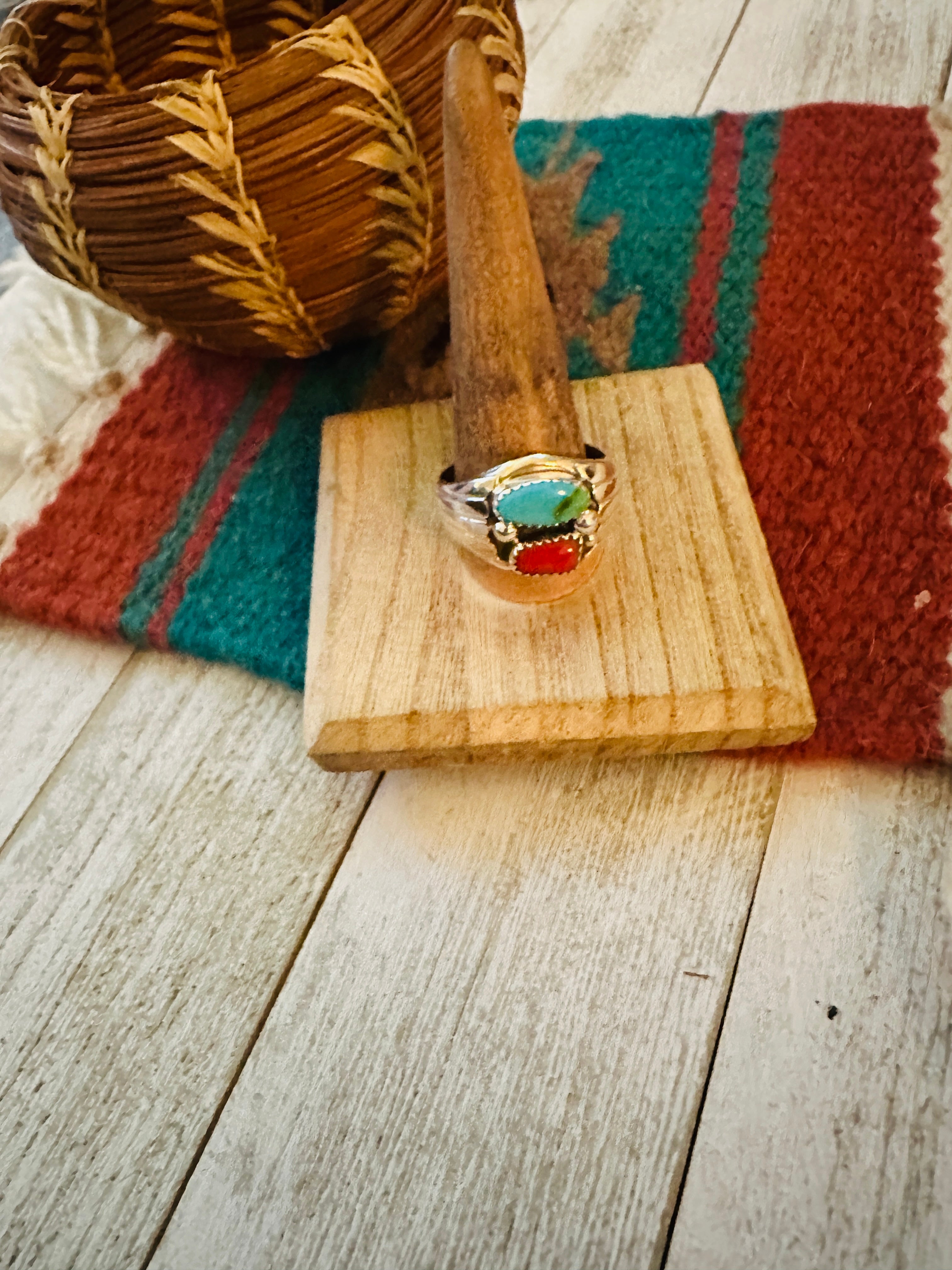 Handcrafted Turquoise, Coral & Sterling Silver Ring Size 13