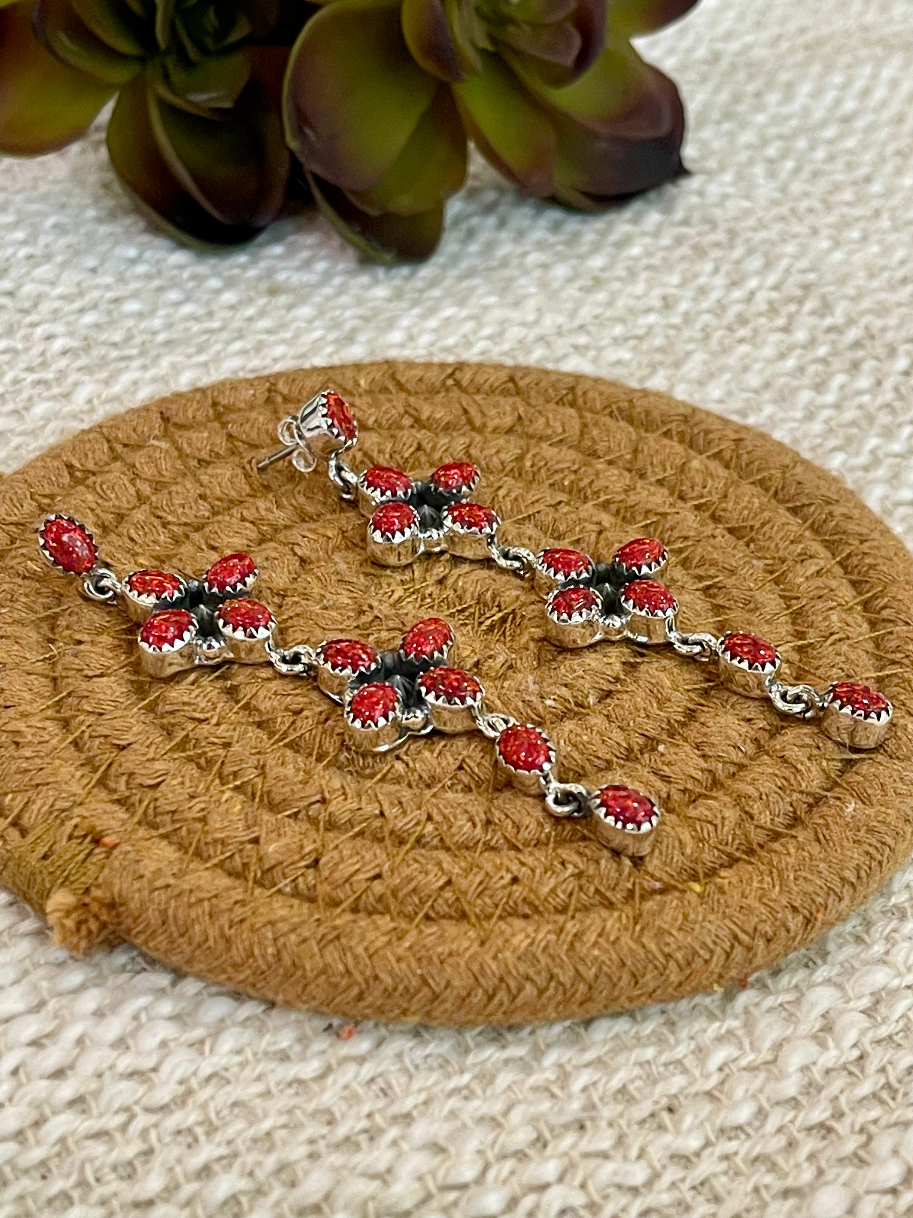 ** 4TH OF JULY ** Handmade Sterling Silver Synthetic Opal Dangle Earrings with Signed Nizhoni