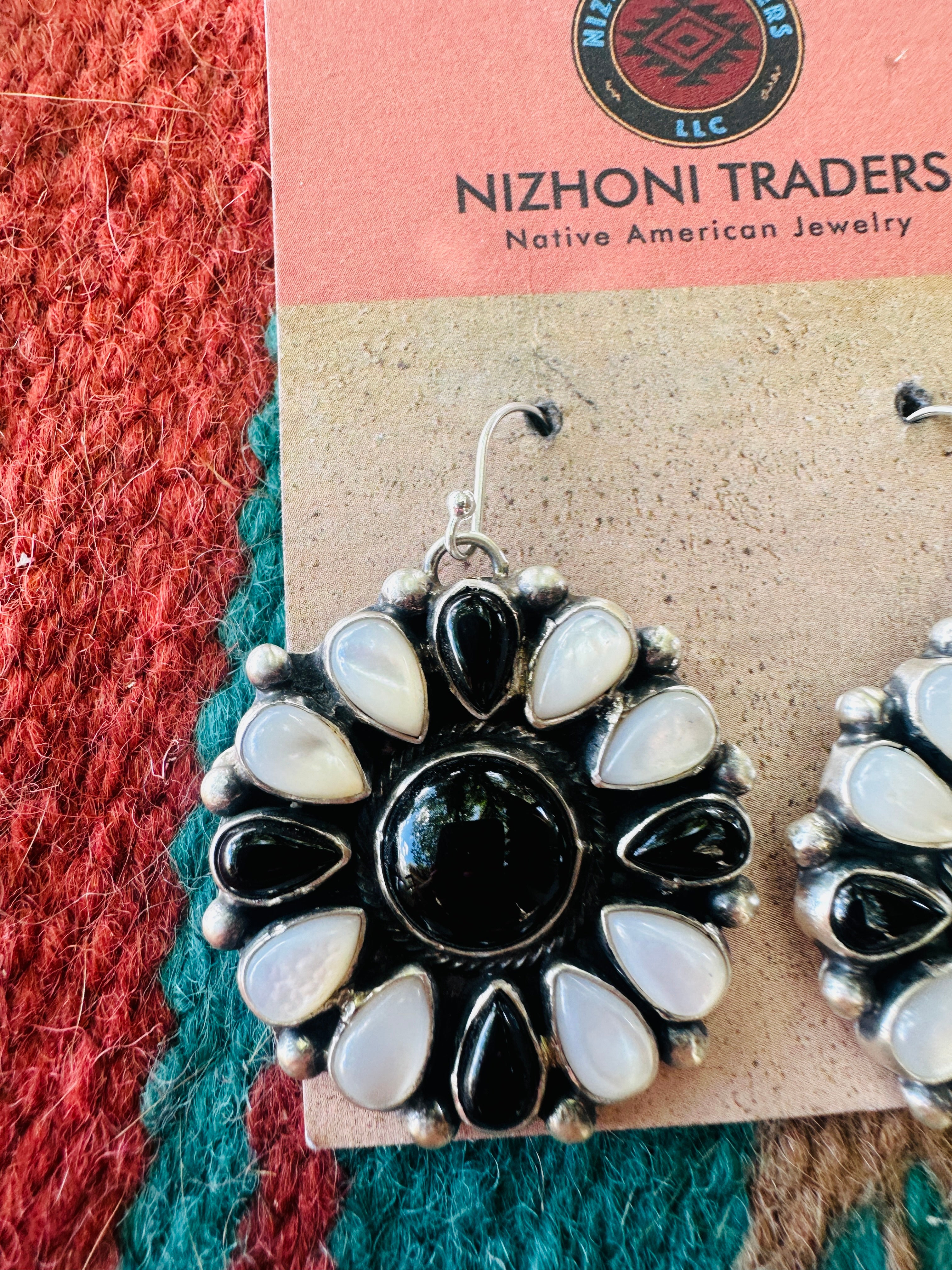 Handcrafted Mother of Pearl, Onyx & Sterling Silver Cluster Dangle Earrings