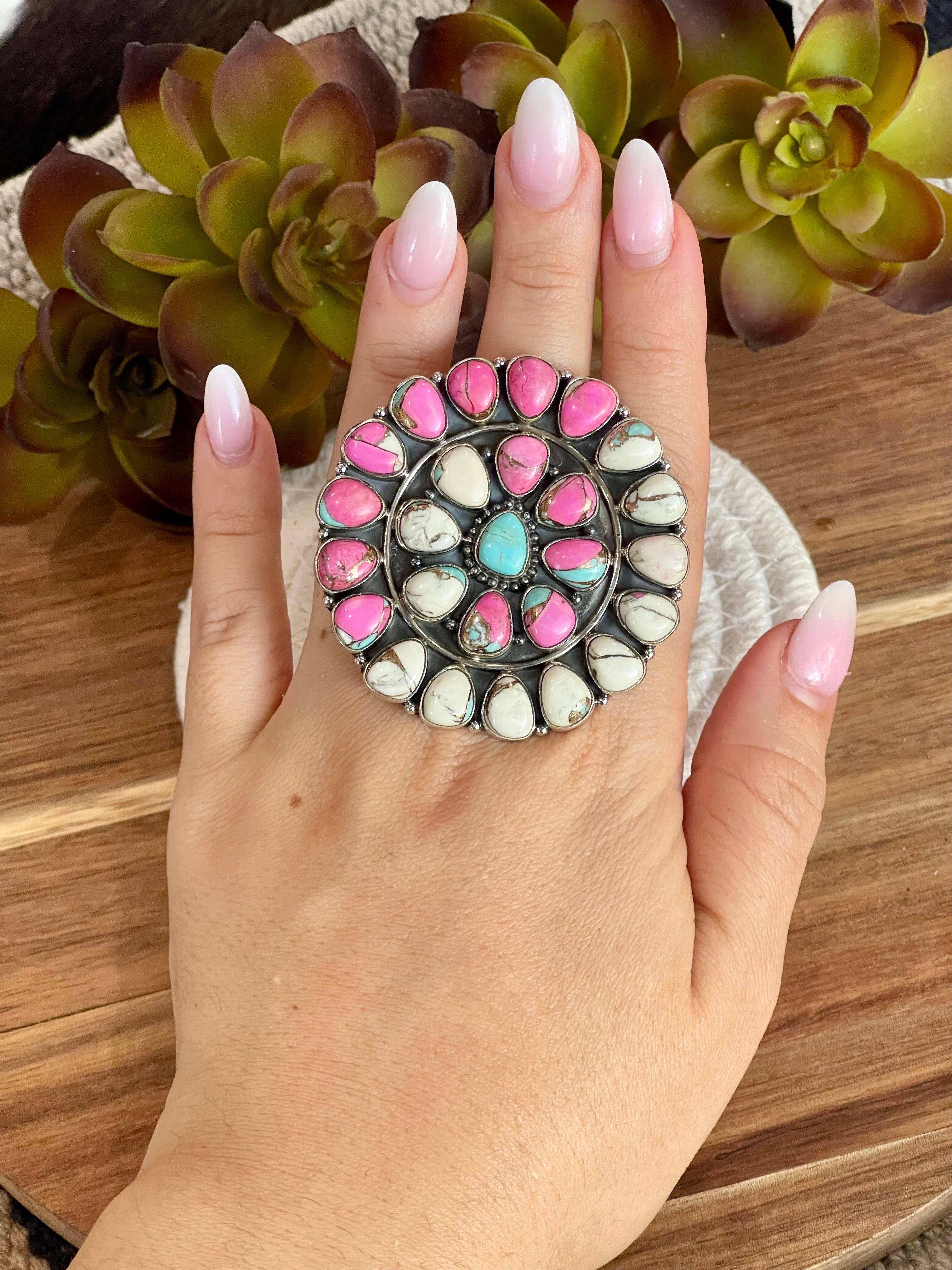 Handmade Cotton Candy Sterling Adjustable Cluster Stone Ring