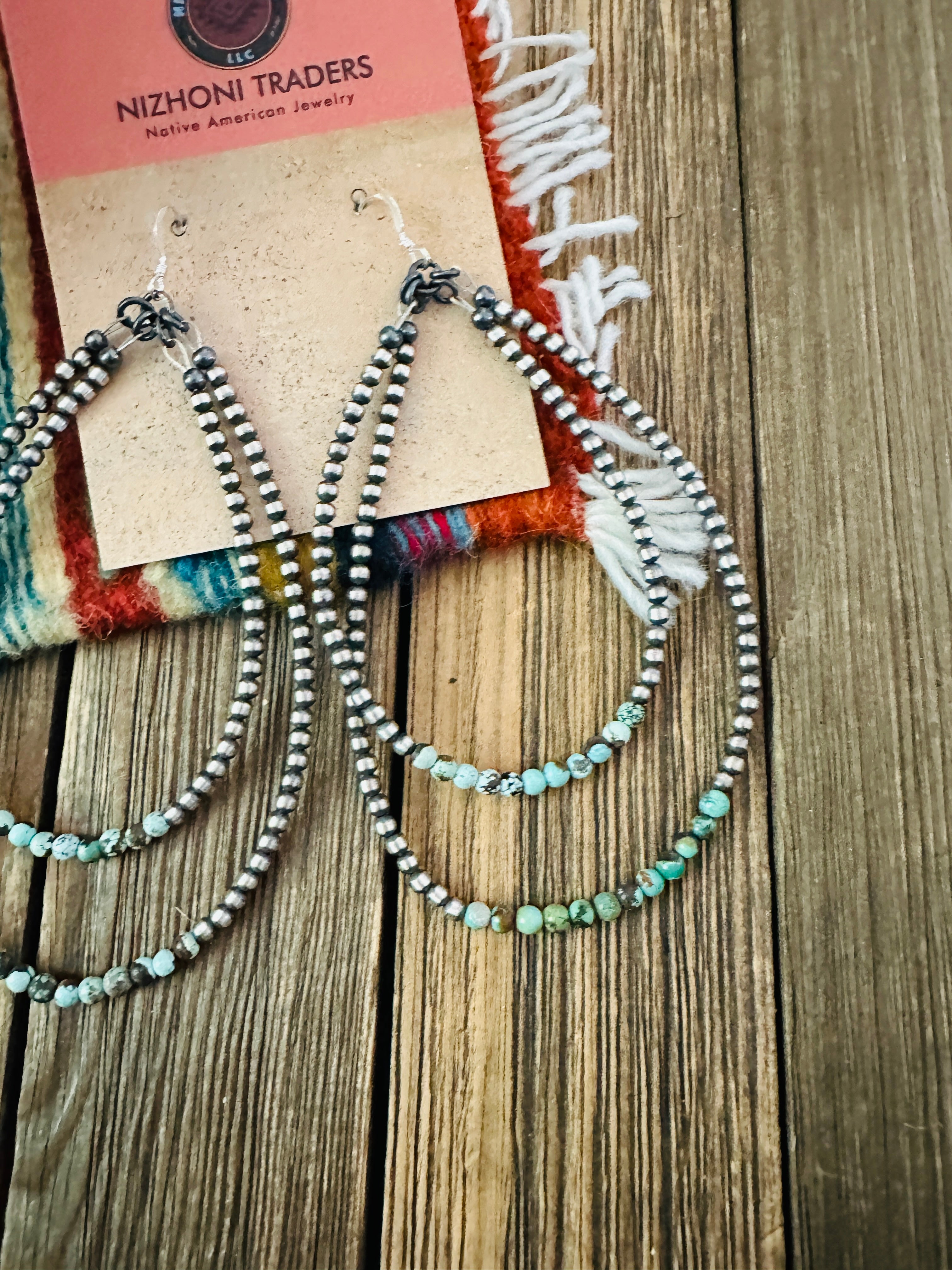 Handcrafted Turquoise & Sterling Silver Beaded Dangle Hoop Earrings
