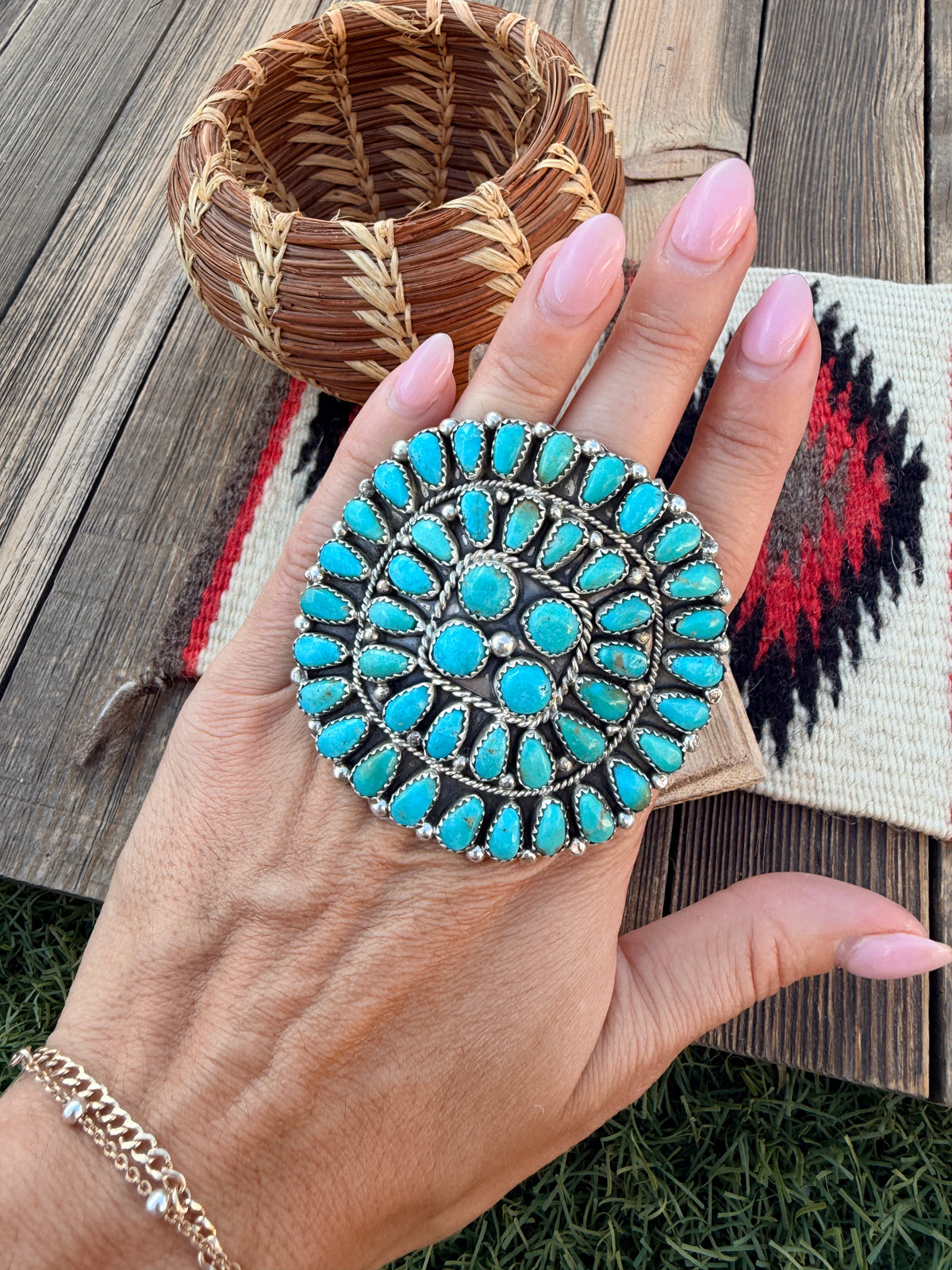 Handcrafted Turquoise & Sterling Silver Cluster Adjustable Ring by Eunice Wilson