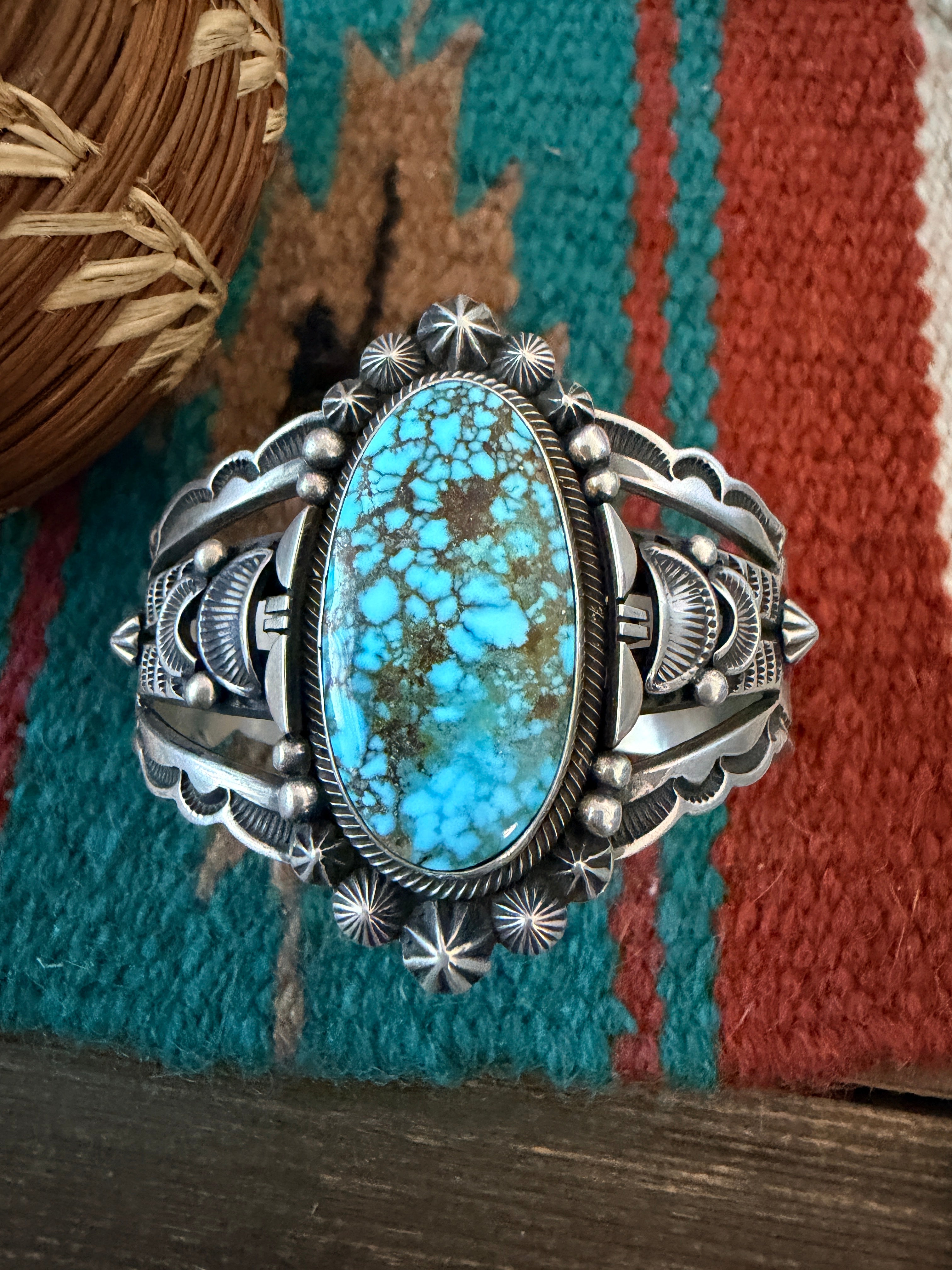 Handcrafted Kingman Web Turquoise & Sterling Silver Cuff Bracelet By Aaron Toadlena