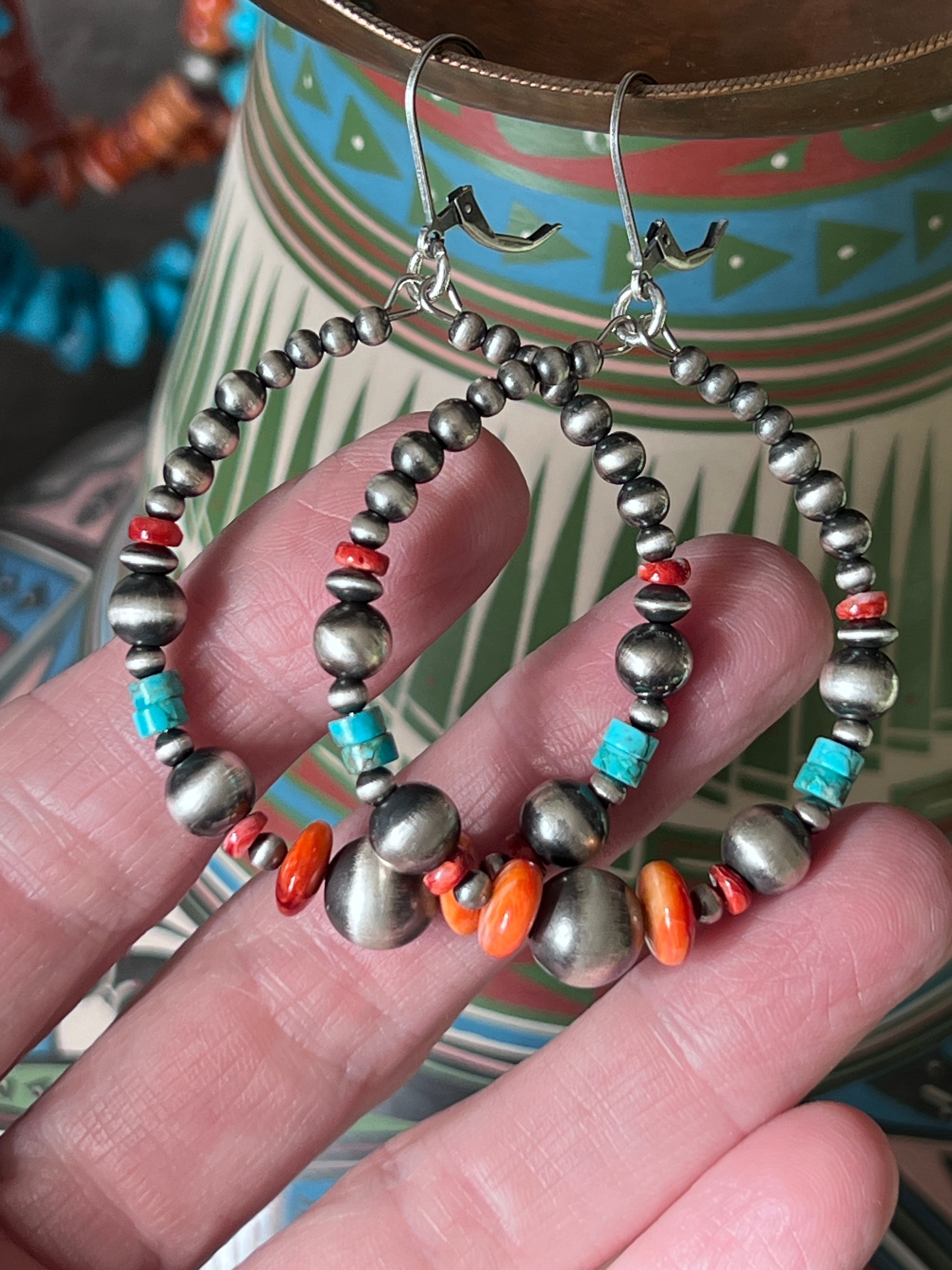 Handcrafted Electric Rainbow Sterling Silver, Turquoise & Spiny Oyster Beaded Hoop Earrings, Leverback