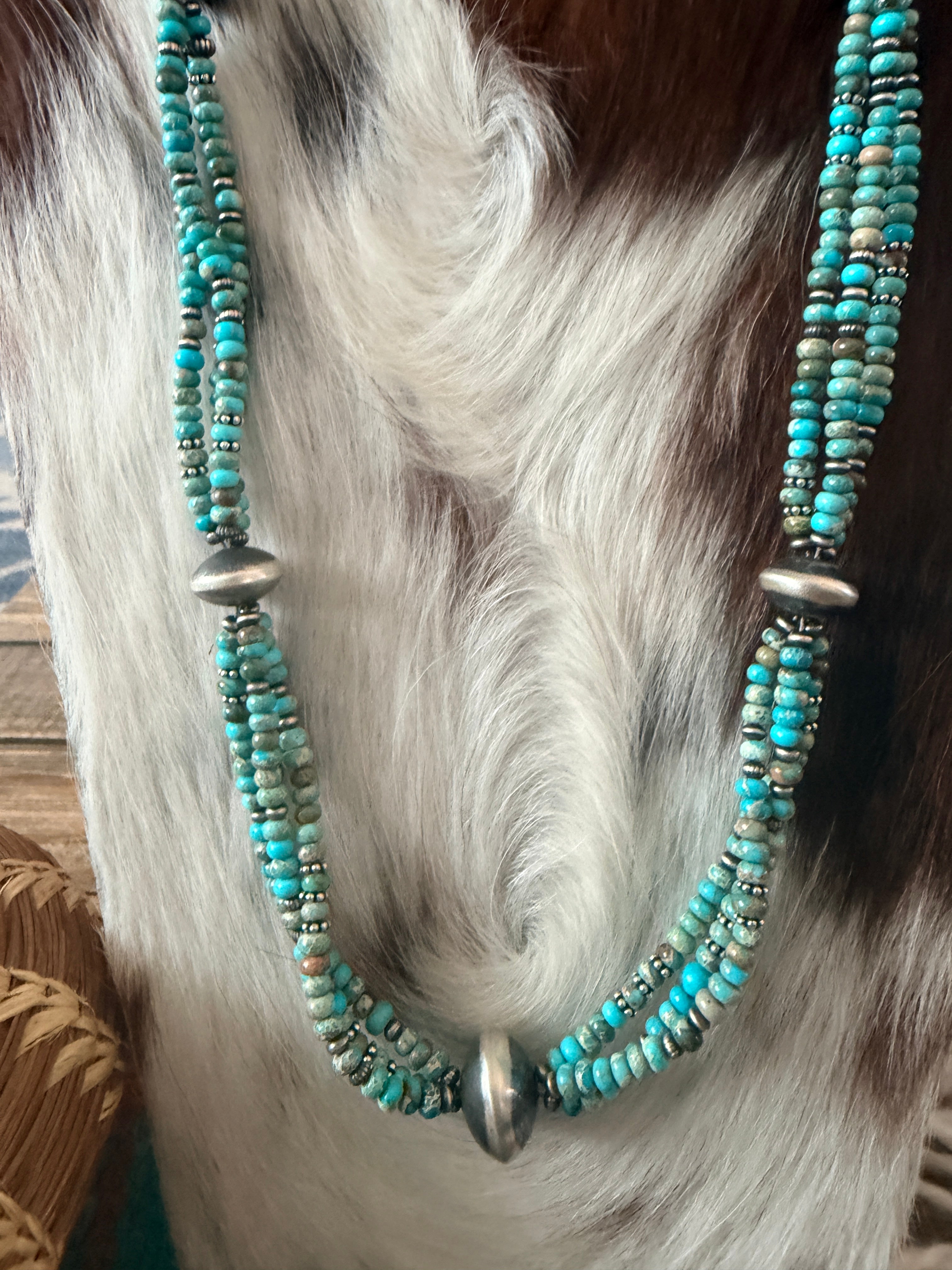 Handcrafted Turquoise & Sterling Silver Pearl 30" Beaded Necklace