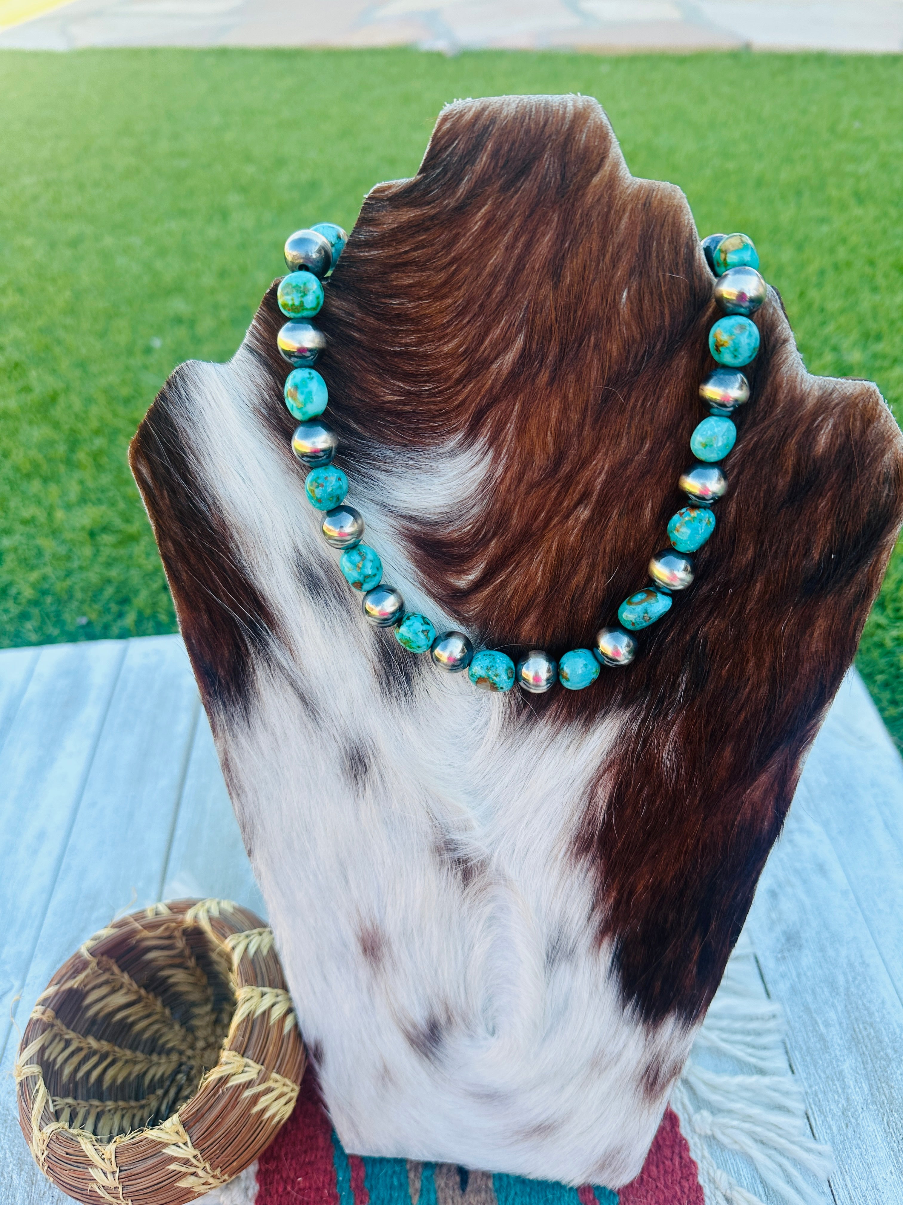 Handcrafted Turquoise & 10mm Sterling Silver Pearl Beaded Necklace 16”