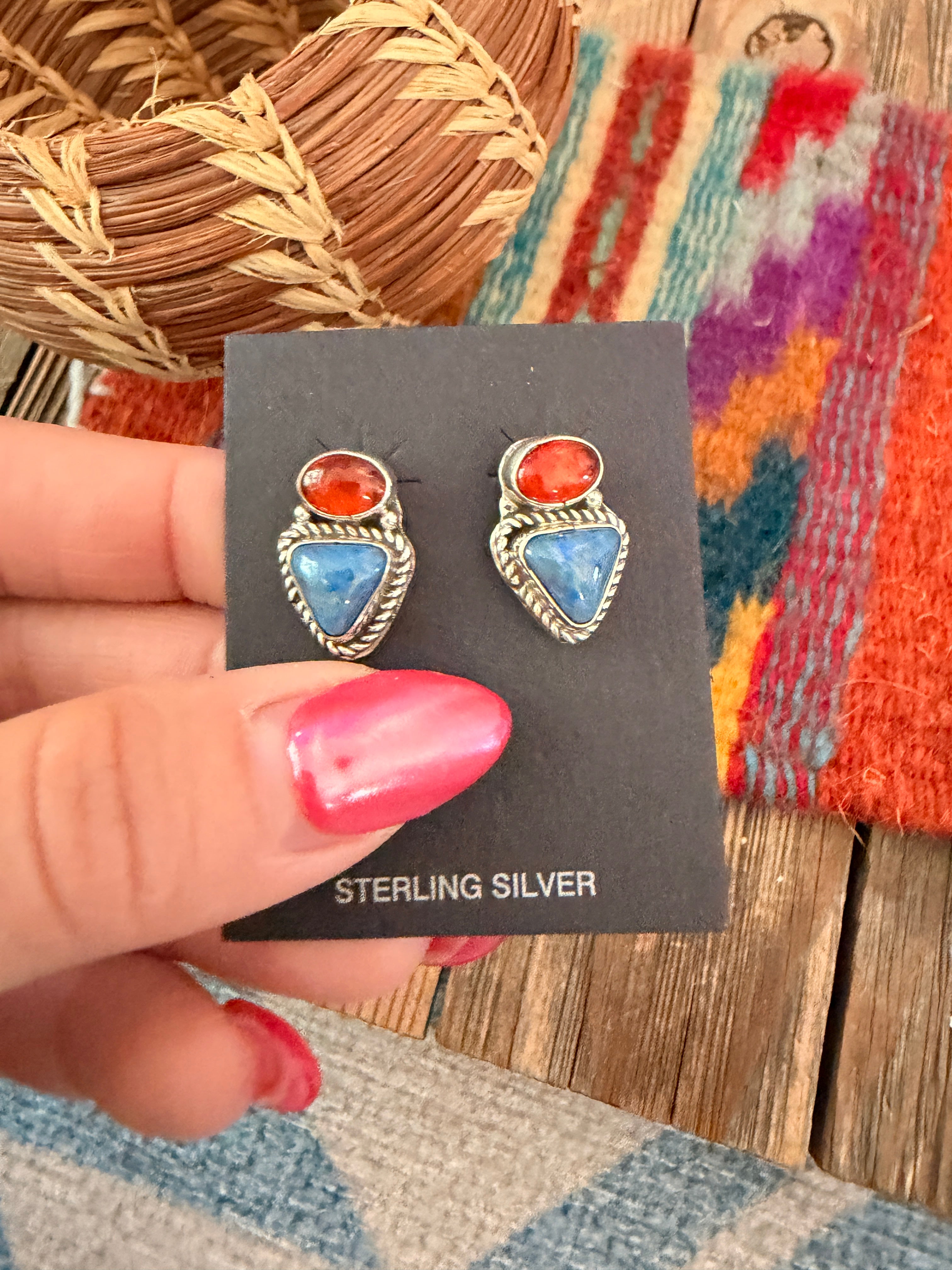 Handcrafted Lapis, Carnelian & Sterling Silver Post Earrings