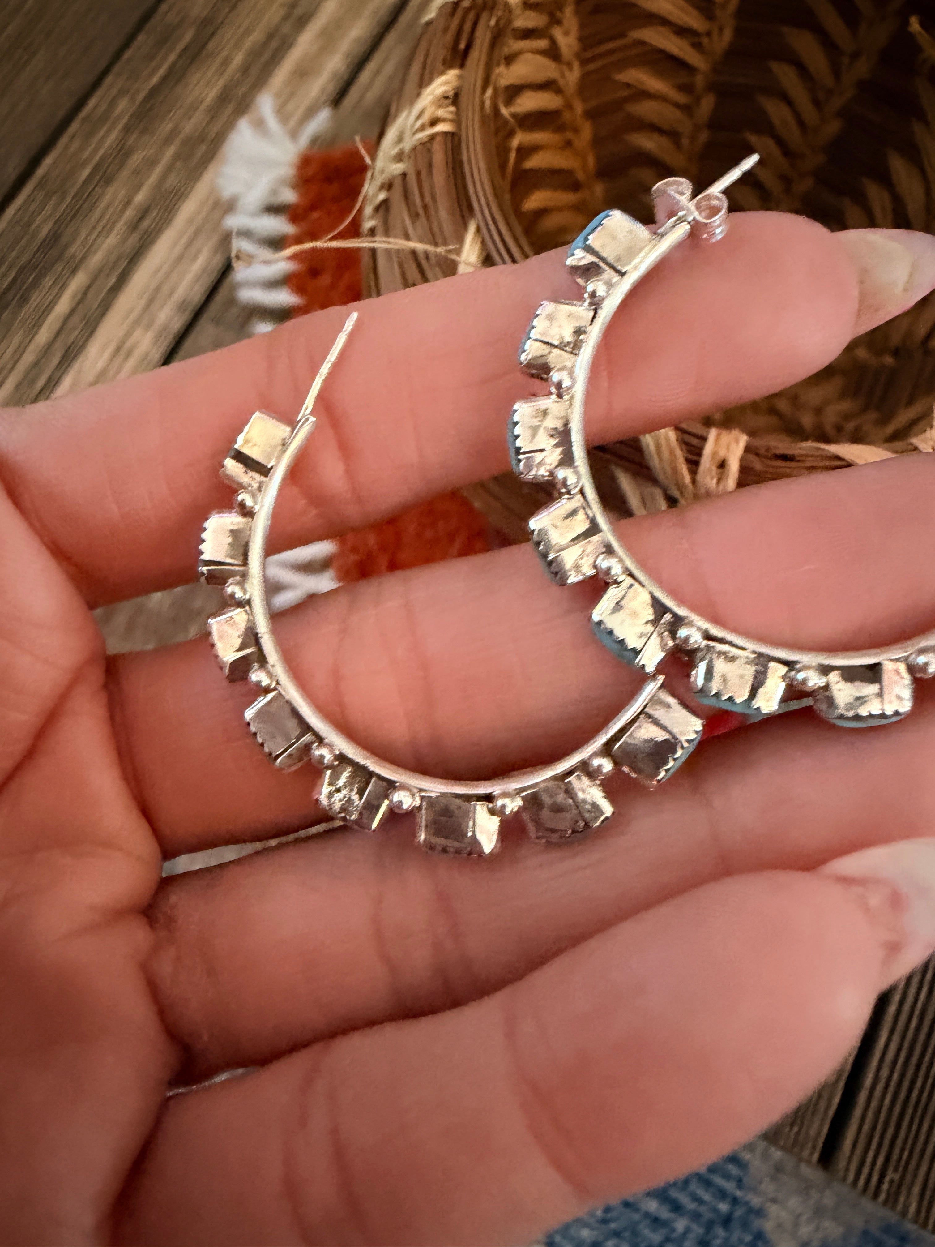Handcrafted Turquoise & Sterling Silver Needlepoint Hoop Earrings by Aurelia Hughte
