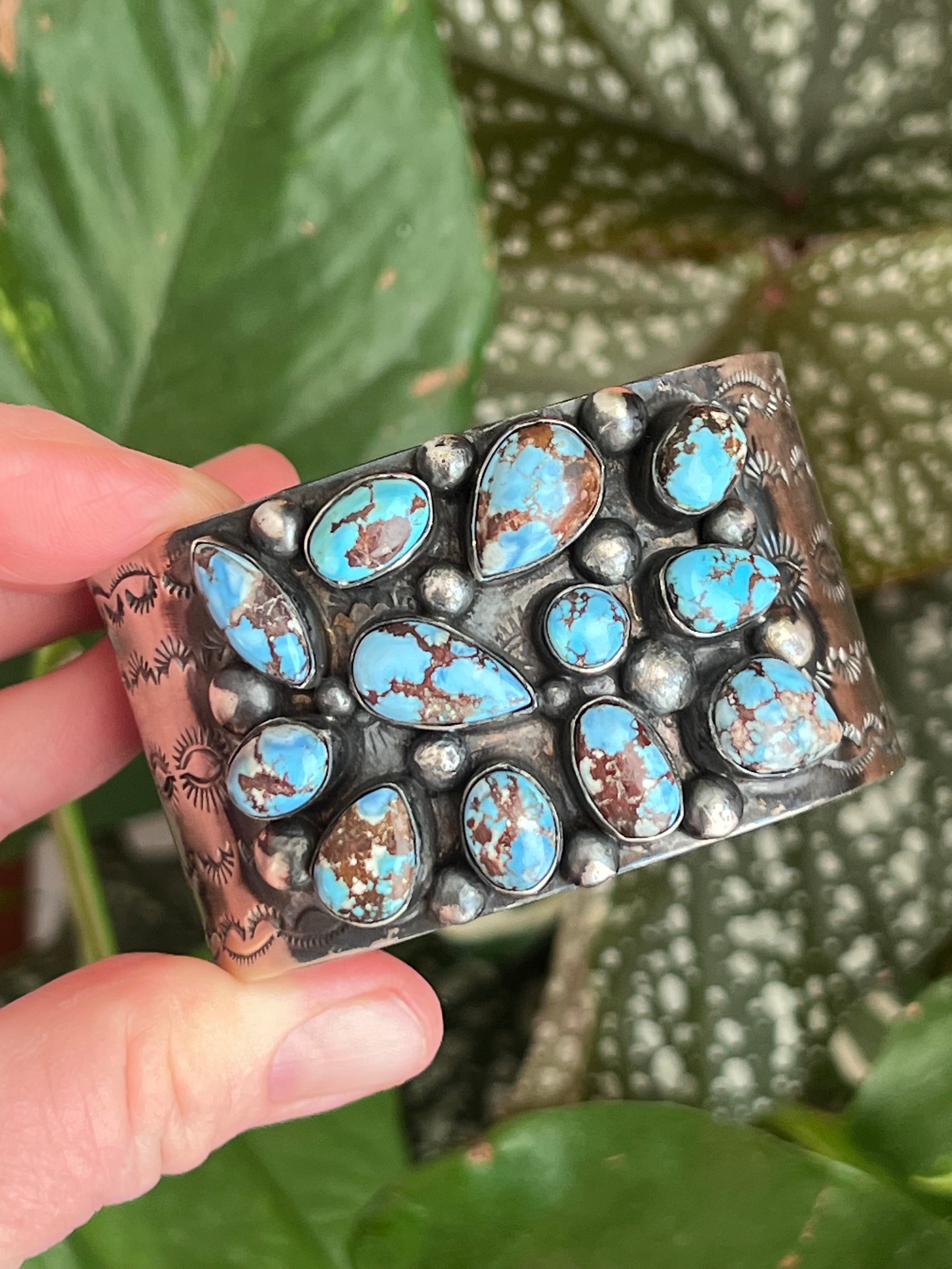 Handcrafted Stamped Sterling Silver and Golden Hills Turquoise Cuff Bracelet by Jennifer Garcia for Chimney Butte /