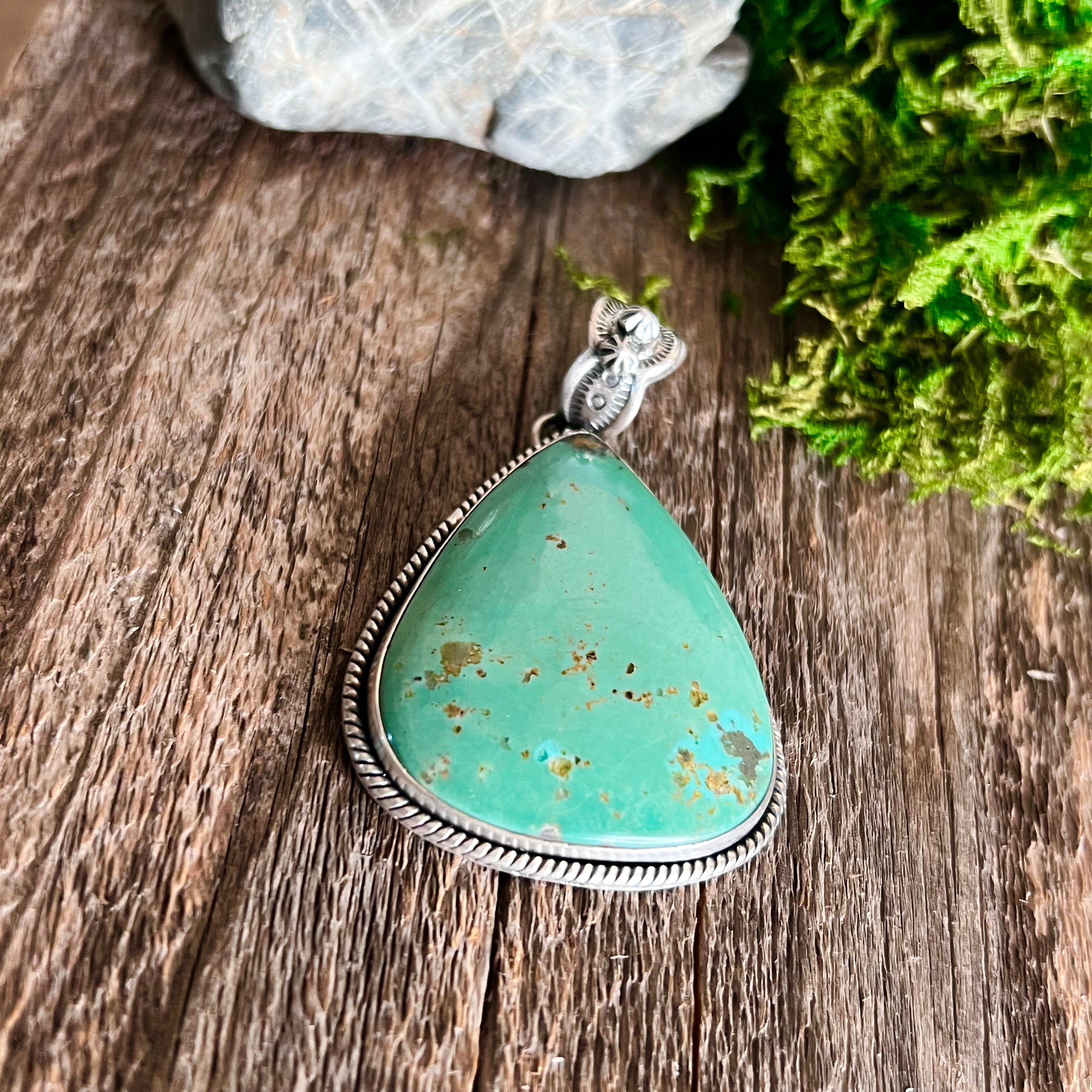 Handmade Green Turquoise Tear Drop Sterling Silver Pendant