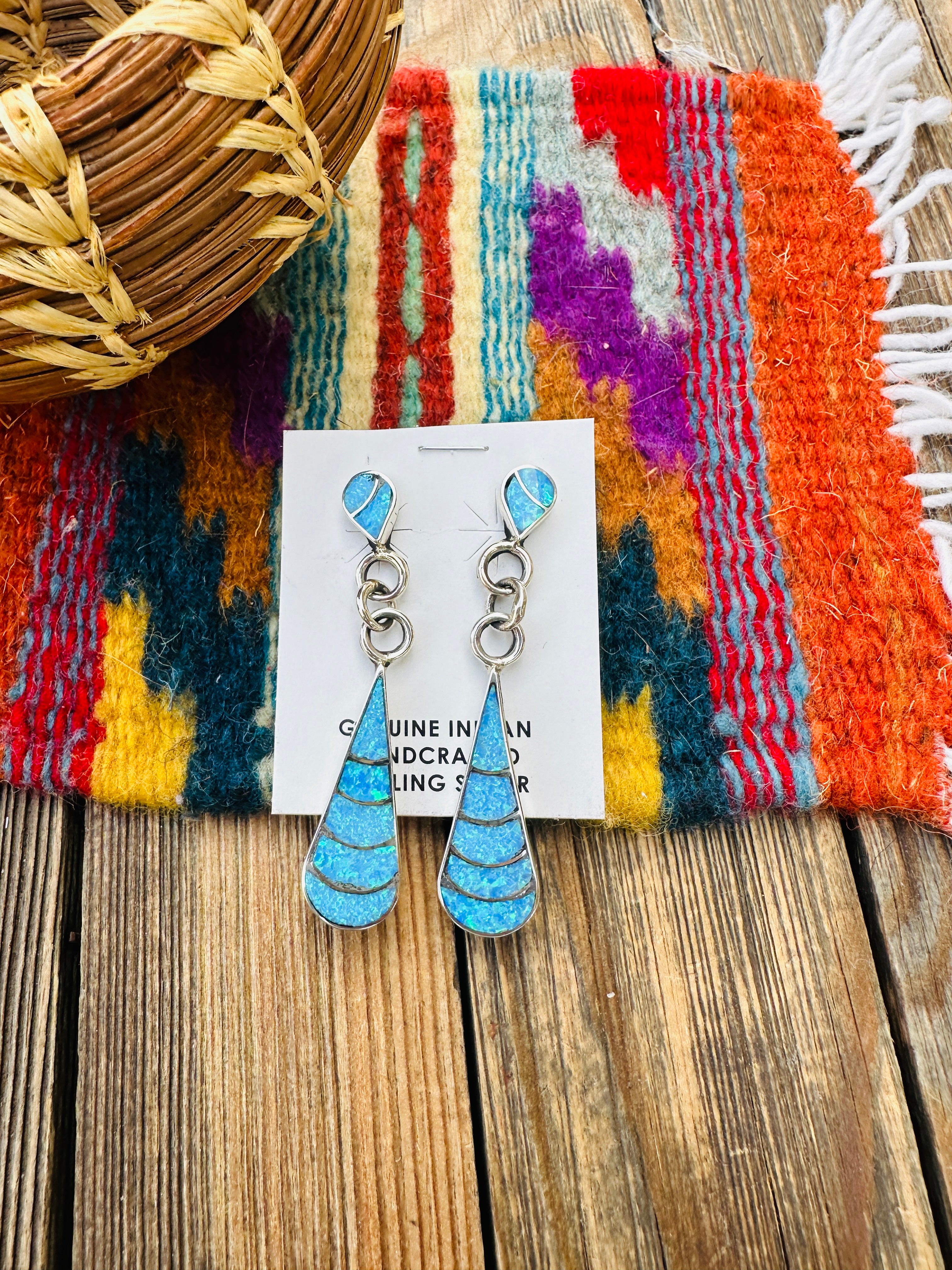 Handcrafted Opal & Sterling Silver Inlay Teardrop Dangle Earrings