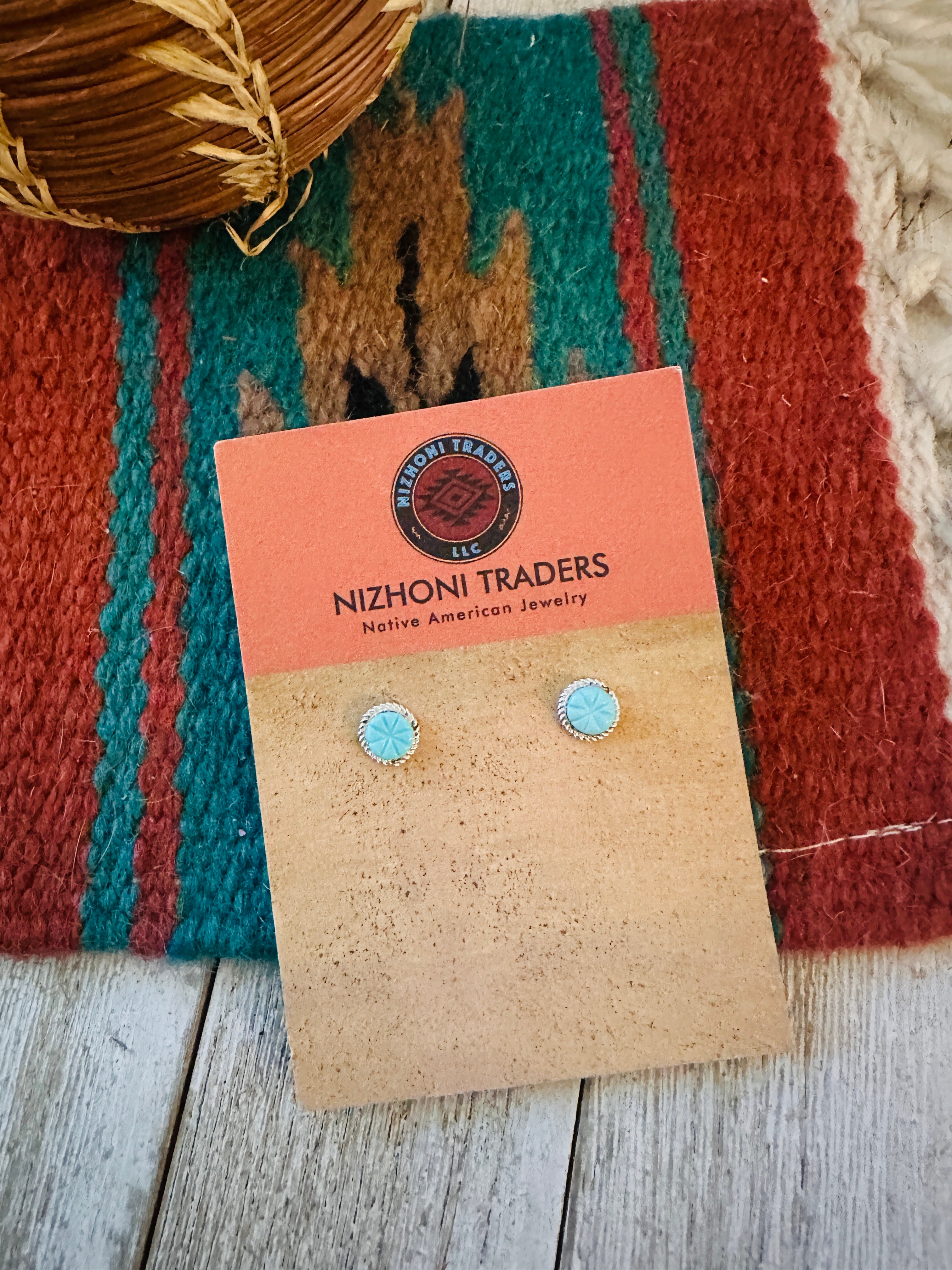 Handcrafted Carved Turquoise & Sterling Silver Stud Earrings