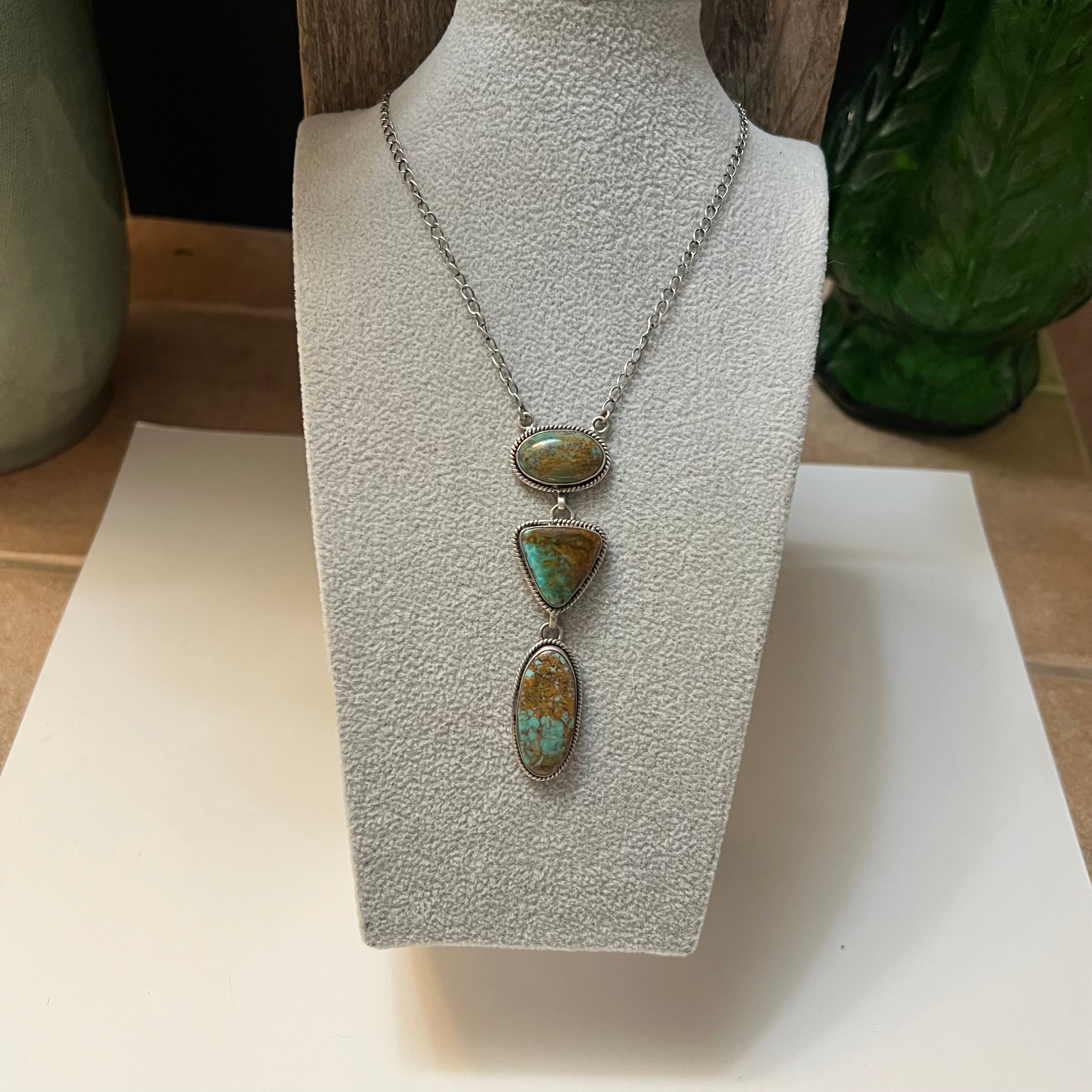 Handmade 3 Stone Turquoise & Sterling Silver Drop Necklace (09)