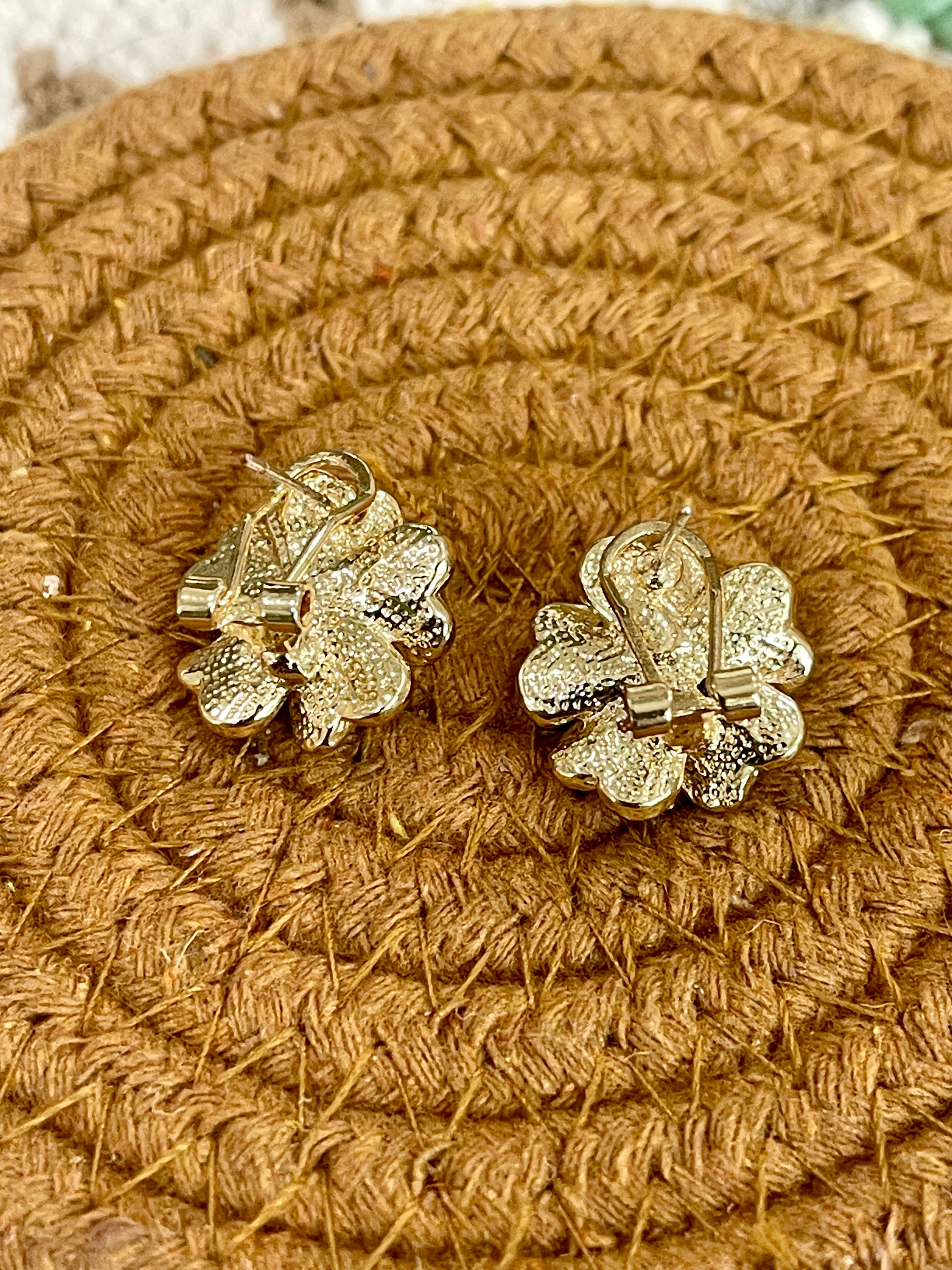 Vintage Gold Plated Stud Black Flower Earrings