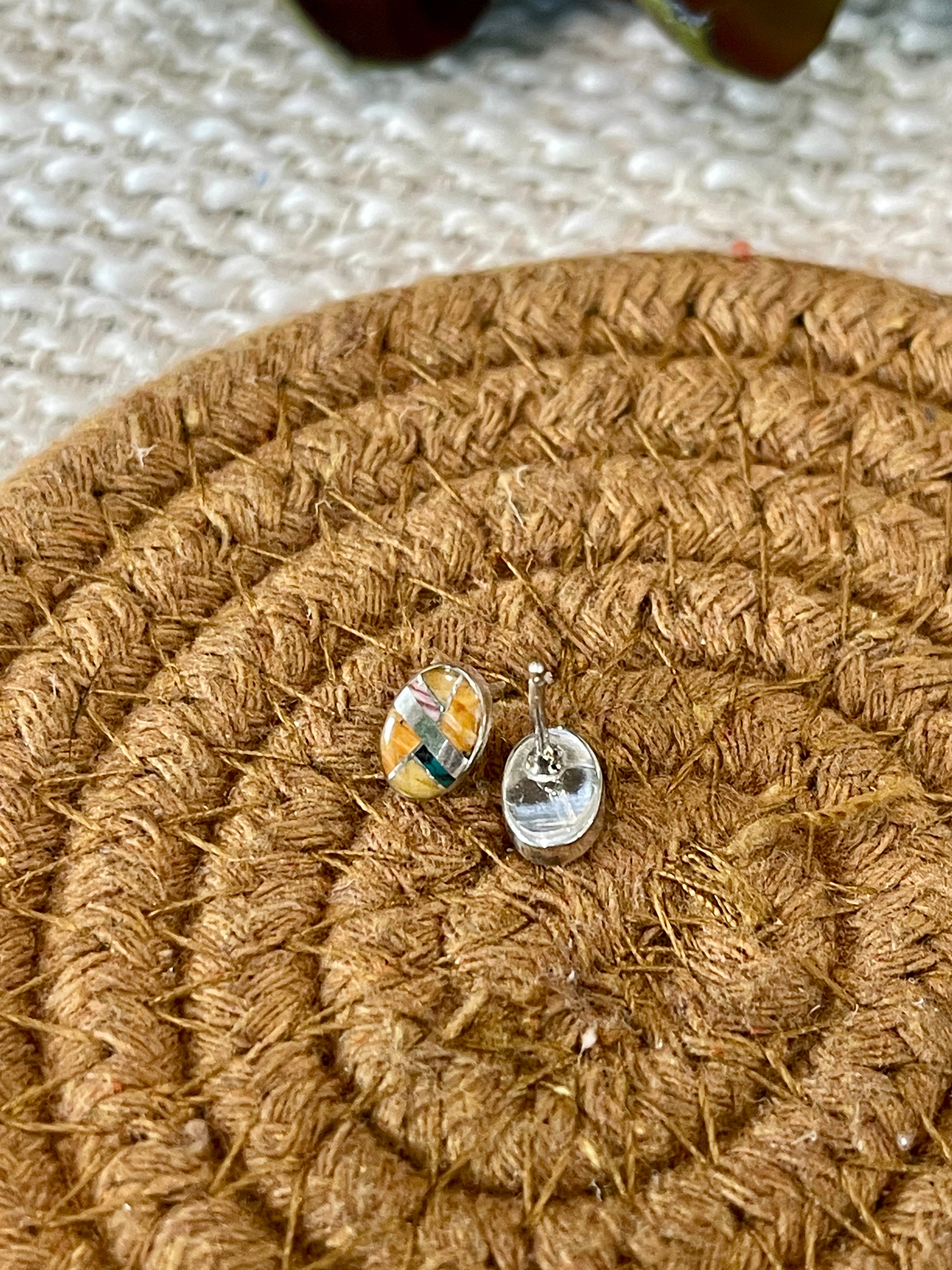 Beautiful Handmade Sterling Silver & Multi Stone Inlay Stud Earrings