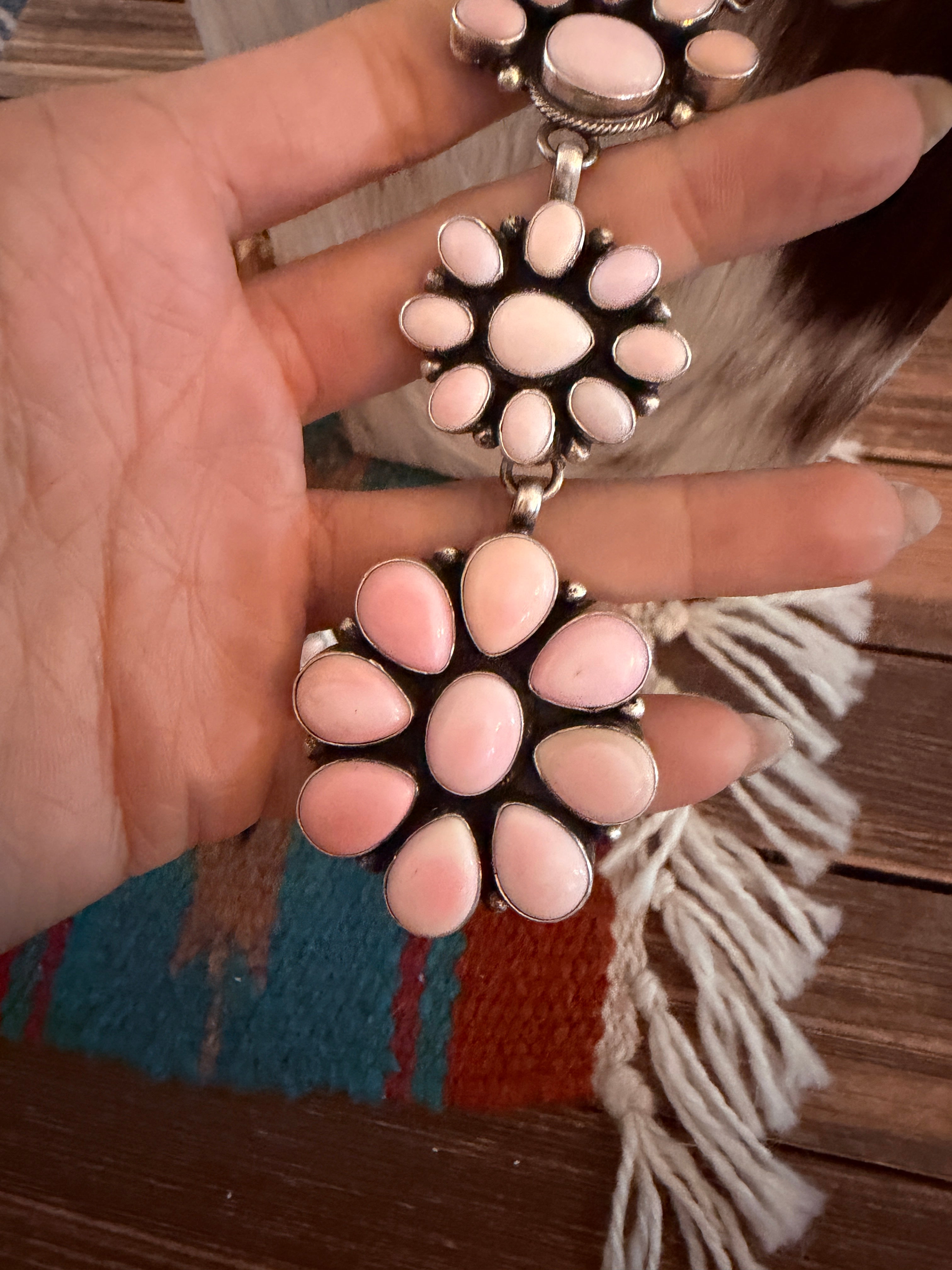 Handcrafted Queen Pink Conch & Sterling Silver Cluster Necklace and Earring Set
