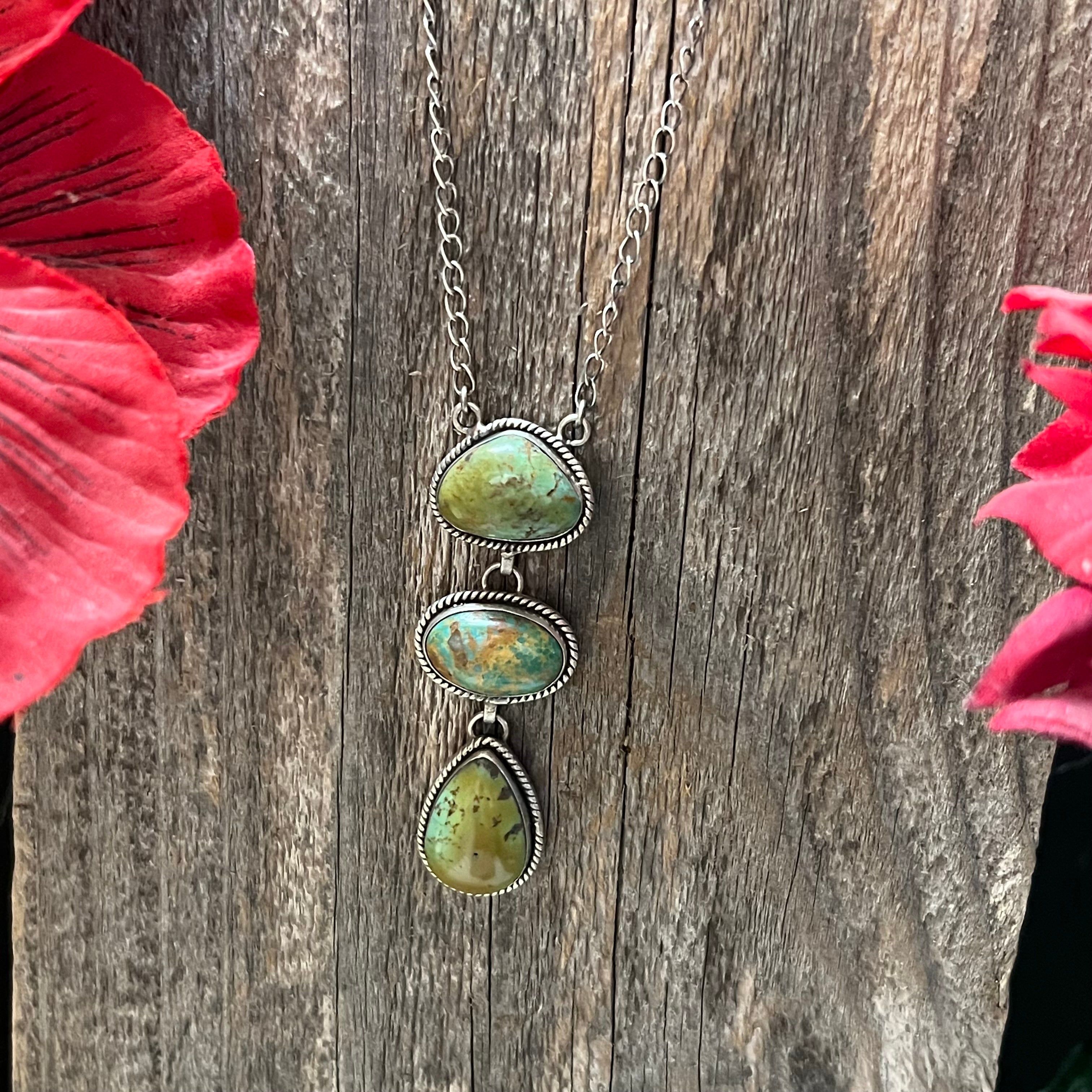 Handmade 3 Stone Turquoise & Sterling Silver Drop Necklace (10)