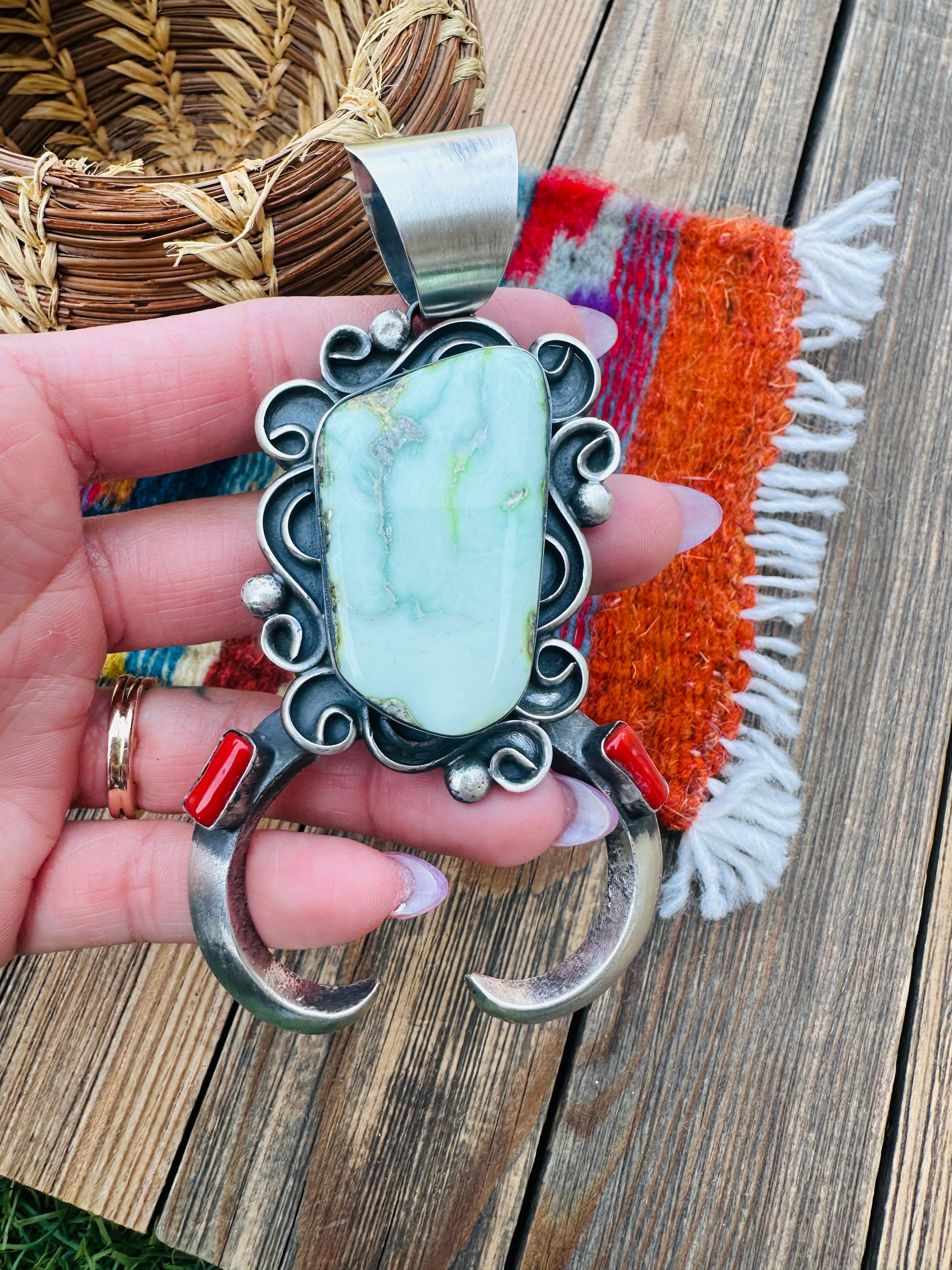 Handcrafted Sterling Silver, Turquoise & Coral Naja Pendant by Chimney Butte