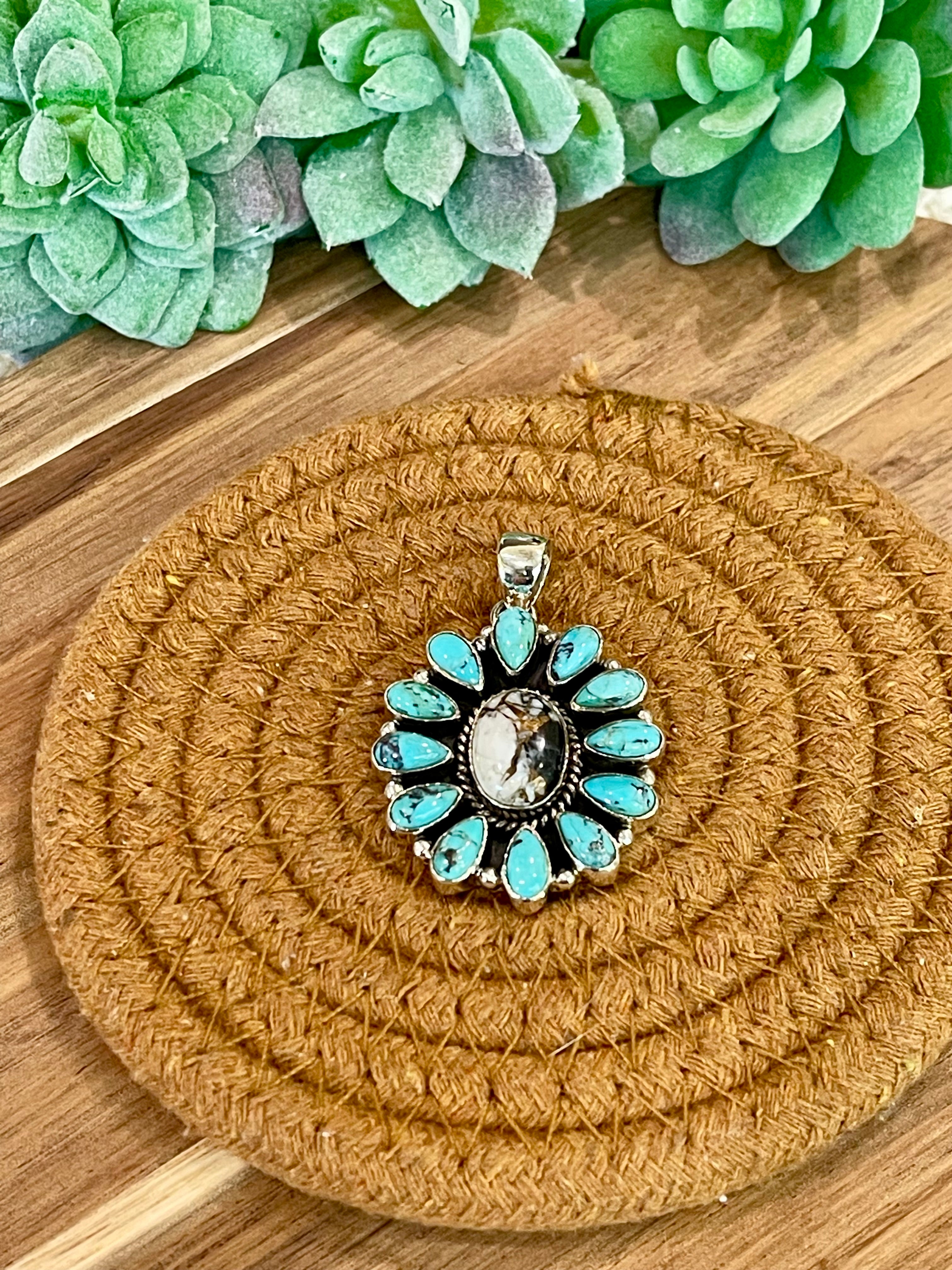 Handmade Sterling Silver,Turquoise & White Buffalo Mojave Cluster Pendant