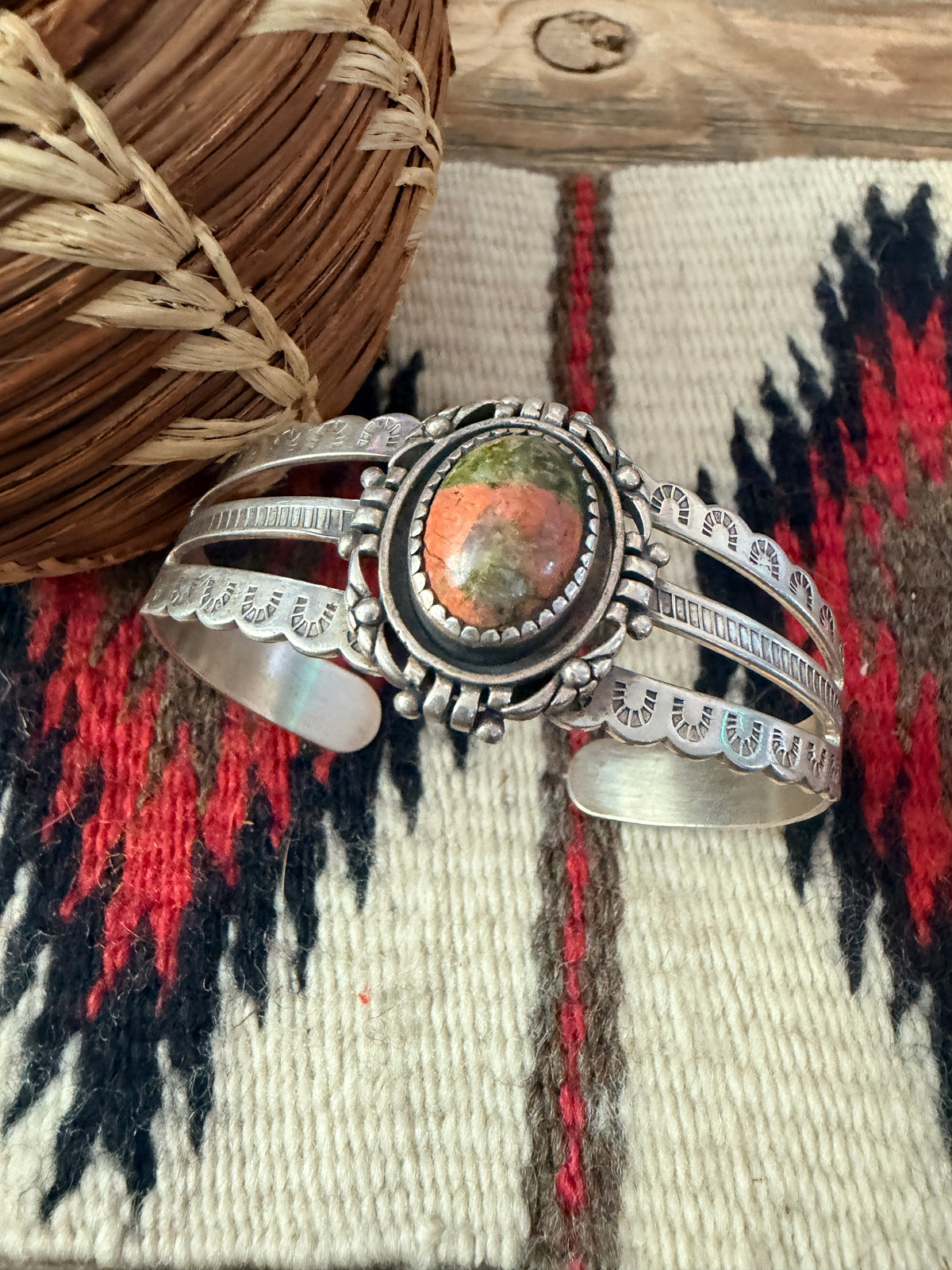 Handcrafted Old Pawn Unakite & Sterling Silver Cuff Bracelet