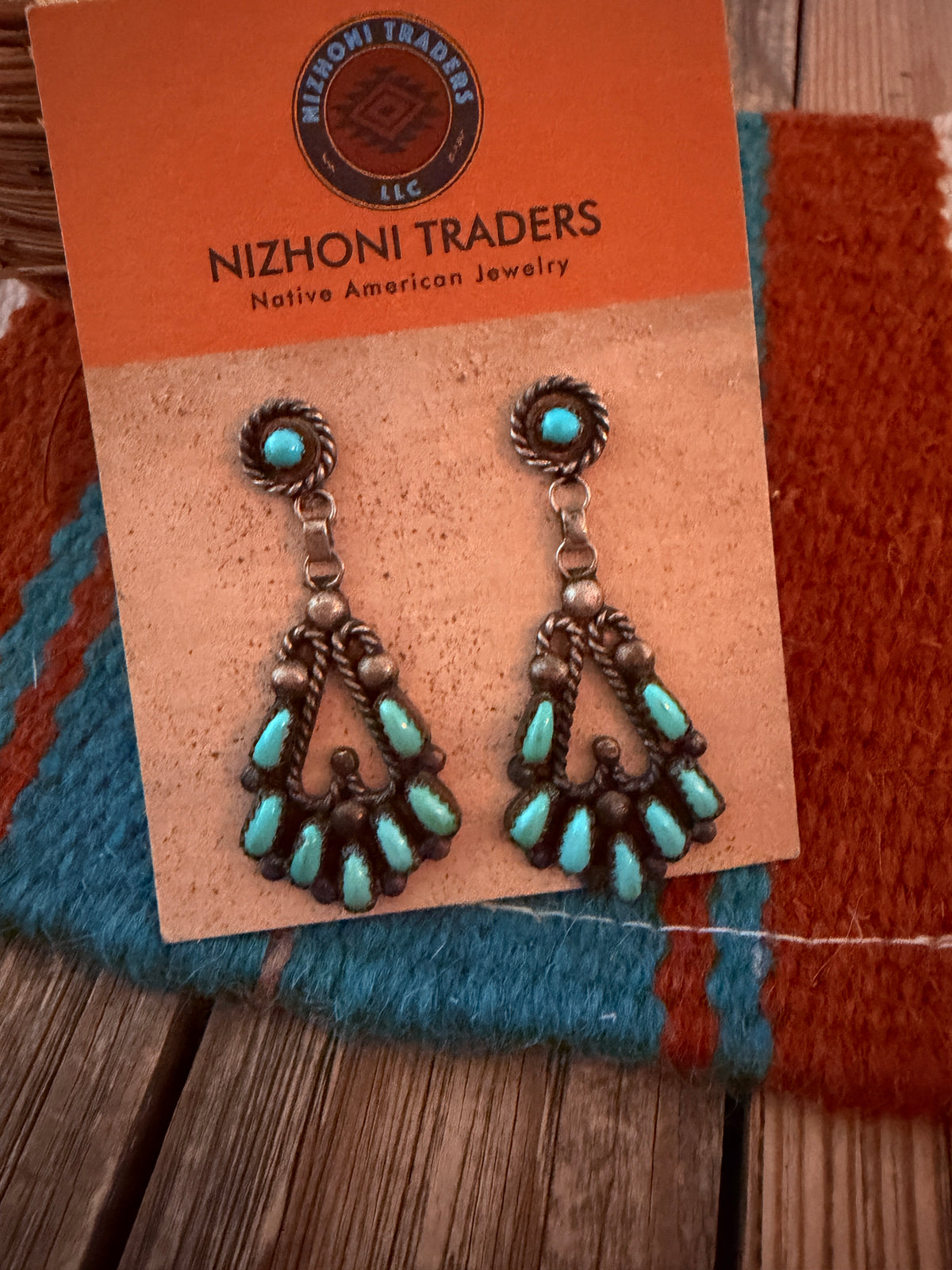 Old Pawn Handcrafted Sterling Silver & Turquoise Needlepoint Dangle Earrings