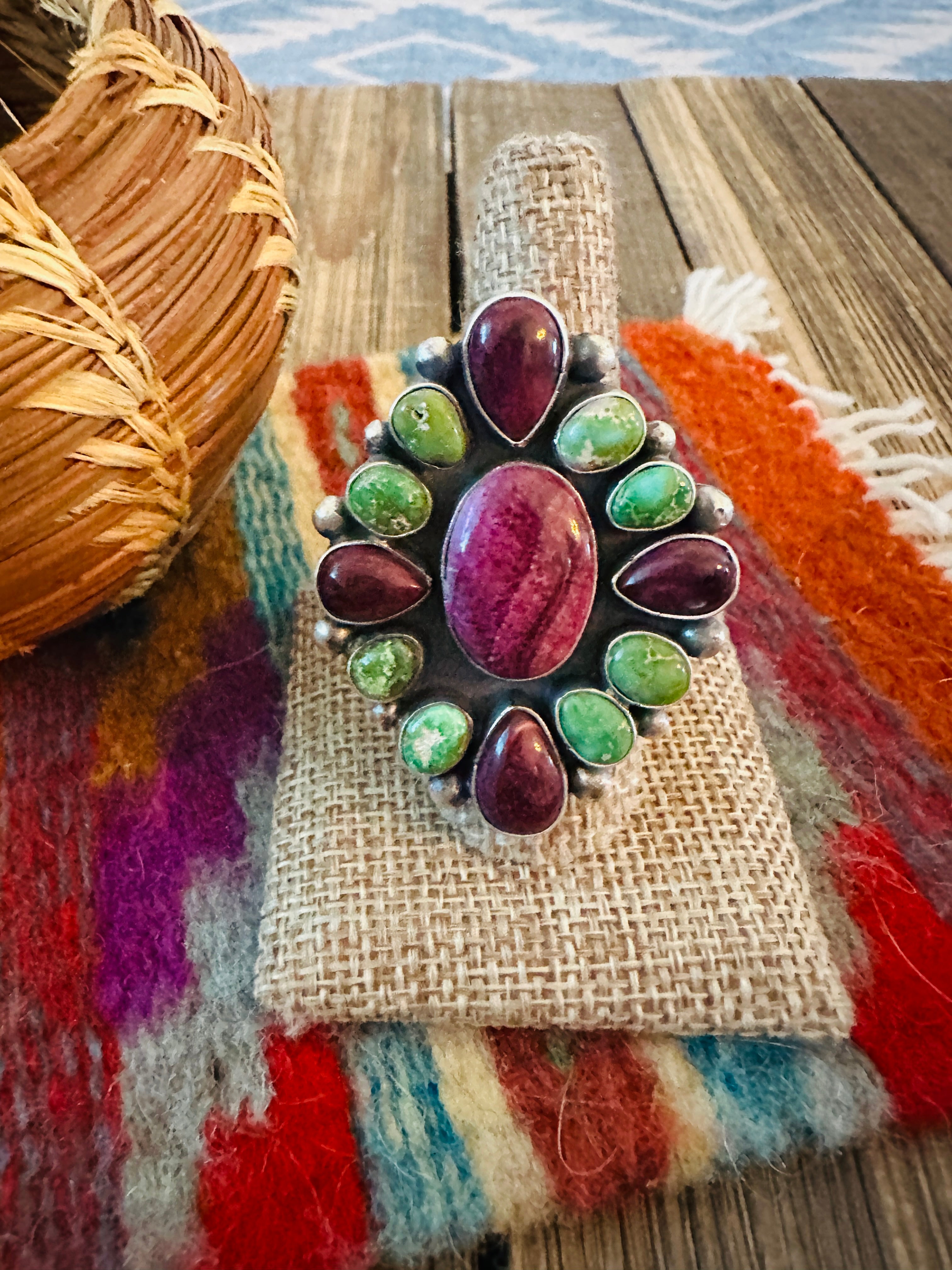 Handcrafted Spiny, Turquoise & Sterling Silver Adjustable Cluster Ring by Rena Shelly