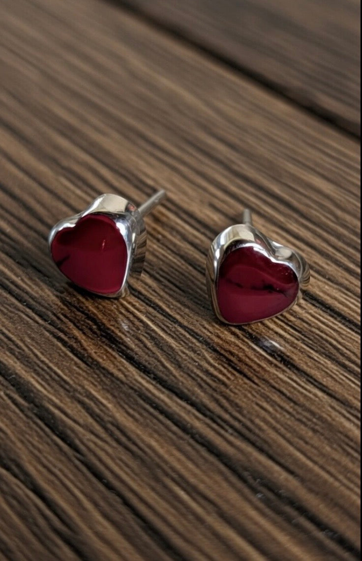 Sterling Silver Red Heart Stud Earrings
