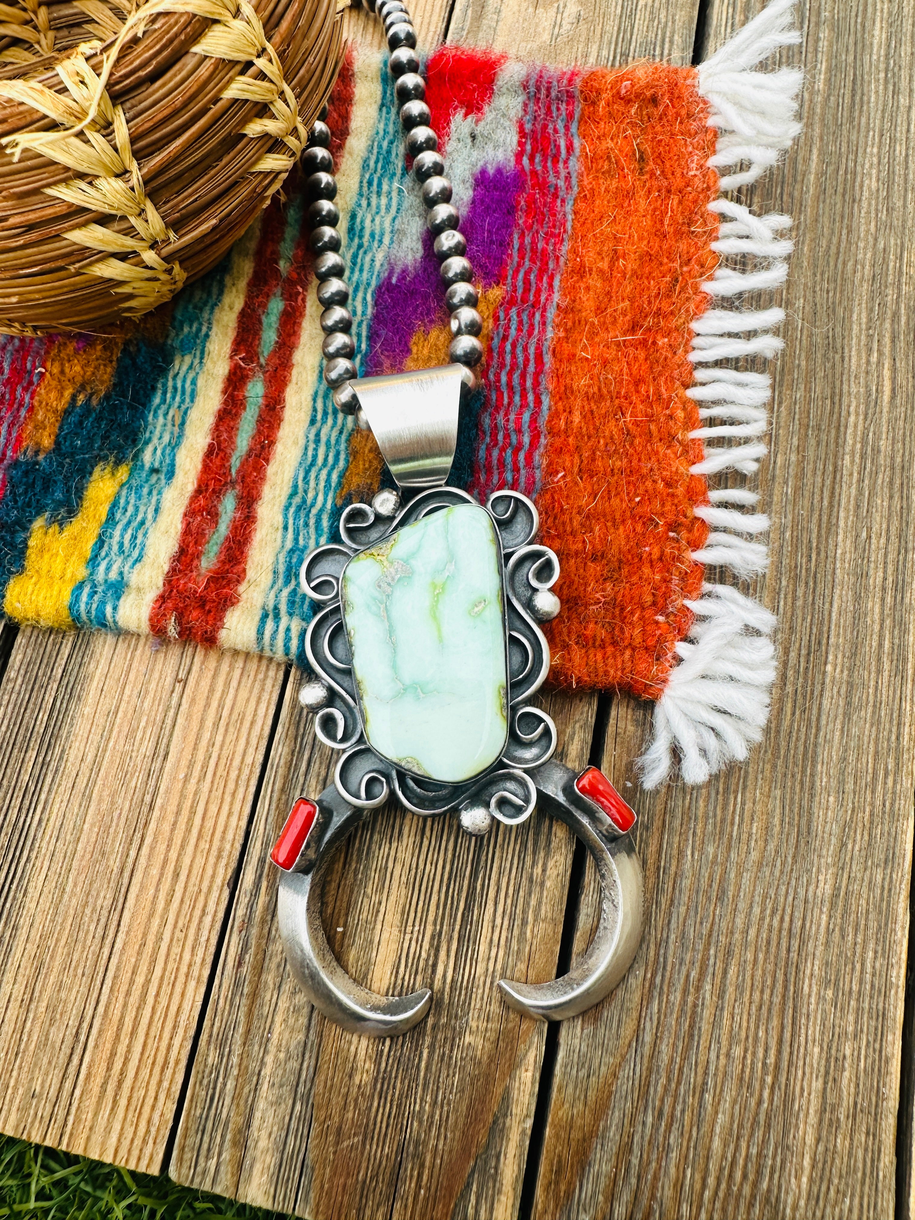 Handcrafted Sterling Silver, Turquoise & Coral Naja Pendant by Chimney Butte