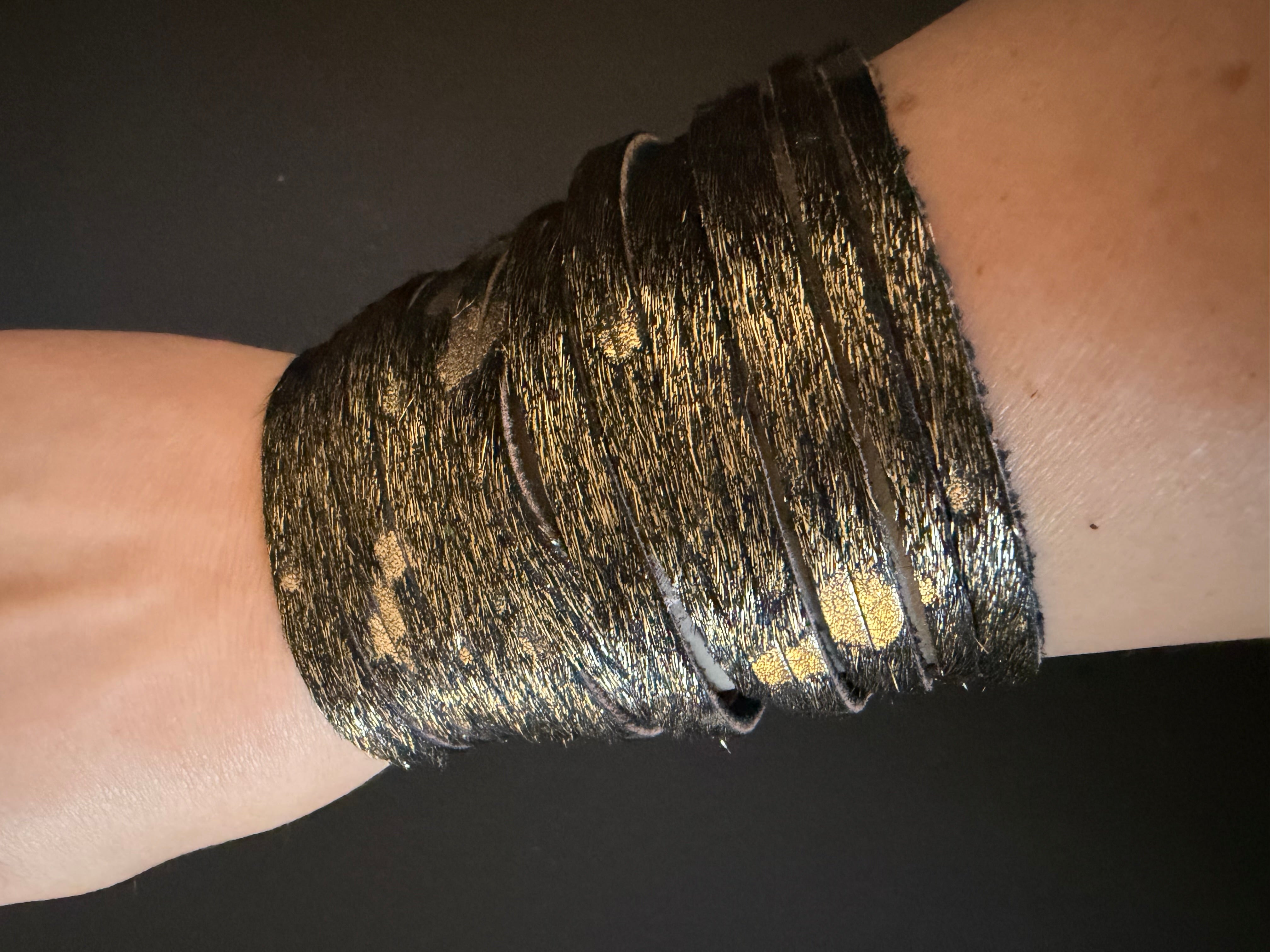 Shimmering Gold Textured Boho Multicolor 3" Leather Snap Cuff Bracelet