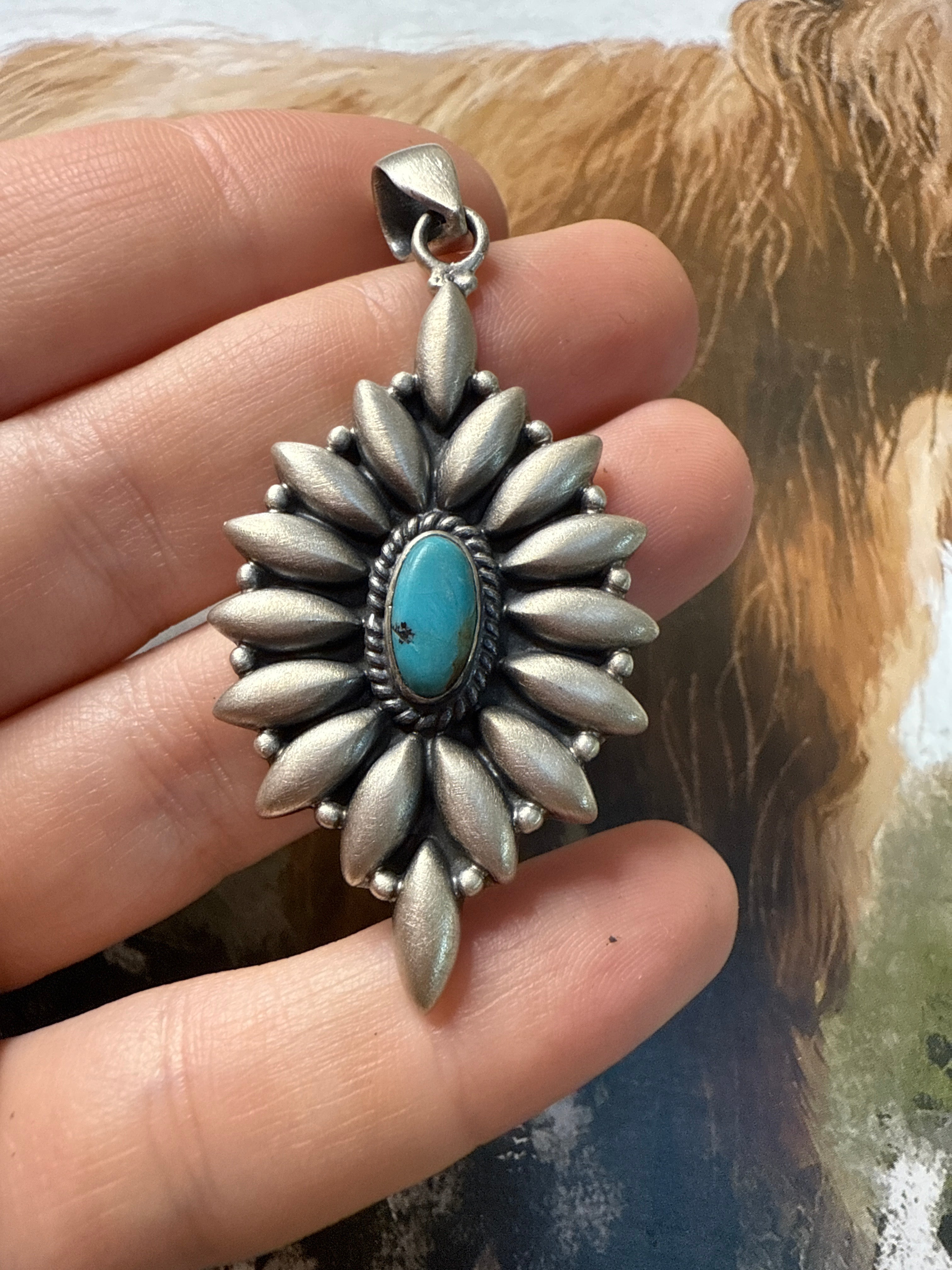 Beautiful Handmade Sterling Silver & Turquoise Flower Pendant