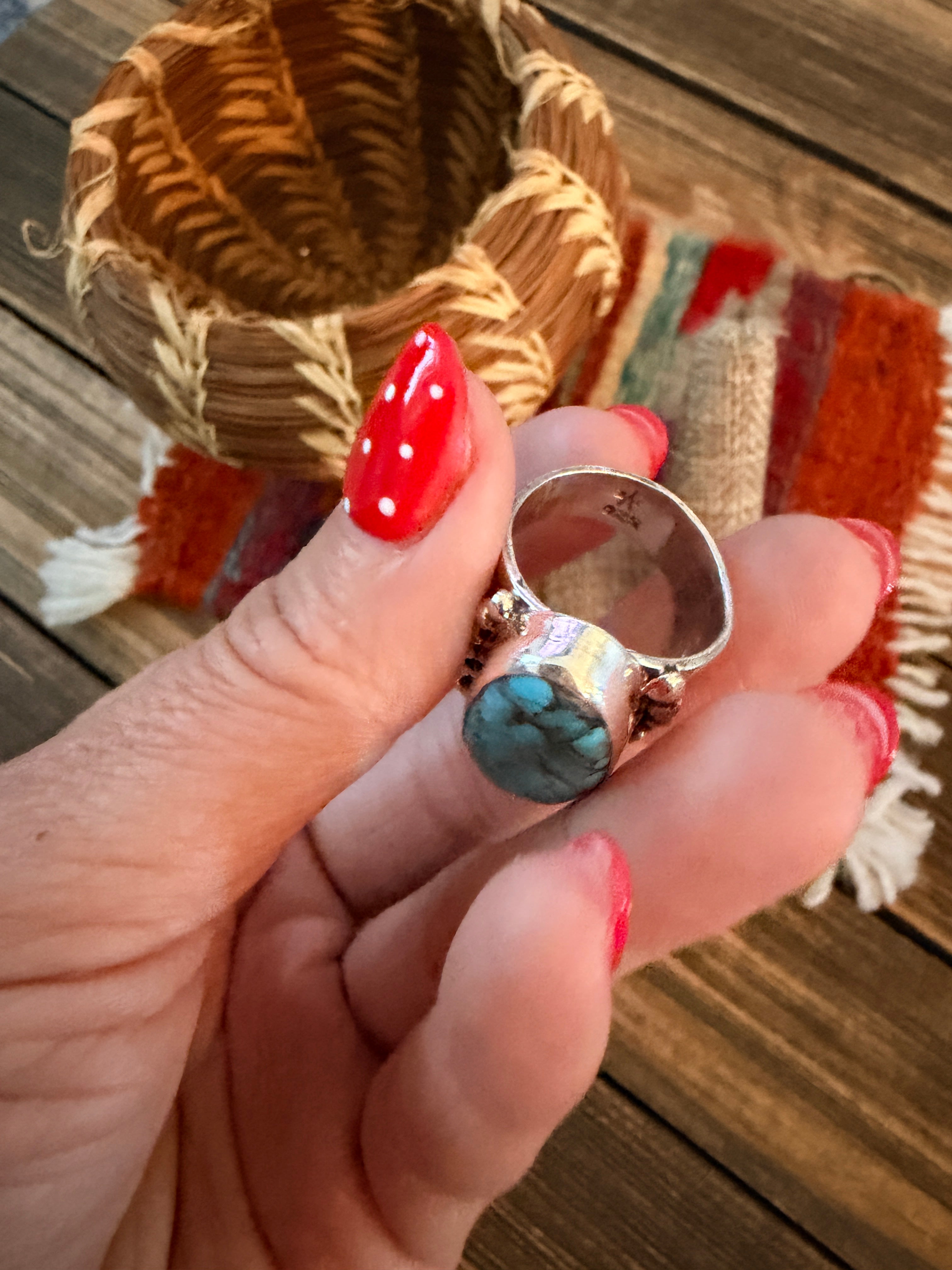Handcrafted Turquoise & Sterling Silver Ring Size 6.75
