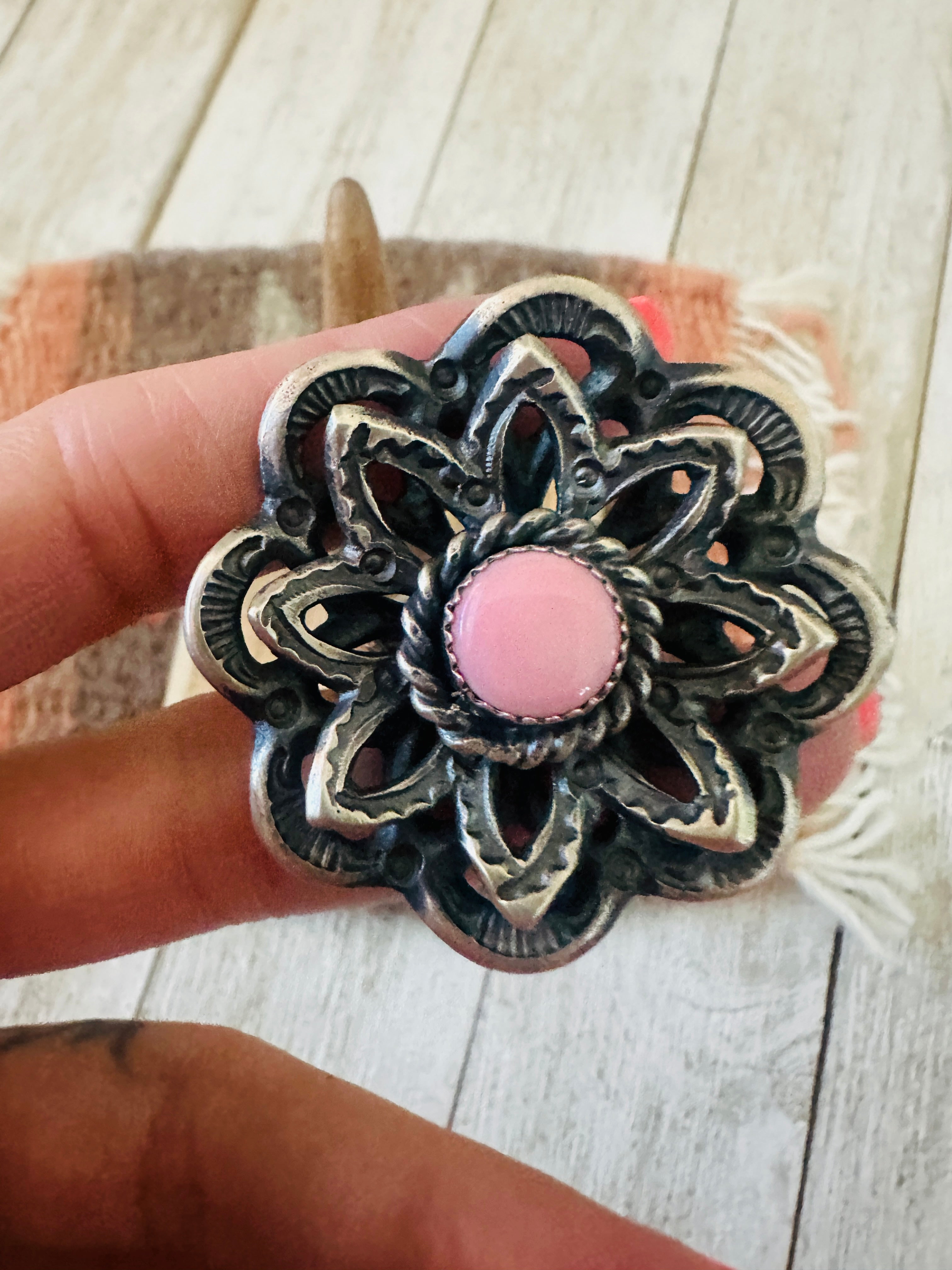 Handcrafted Sterling Silver & Queen Pink Conch Shell Adjustable Flower Ring by Kevin Billah