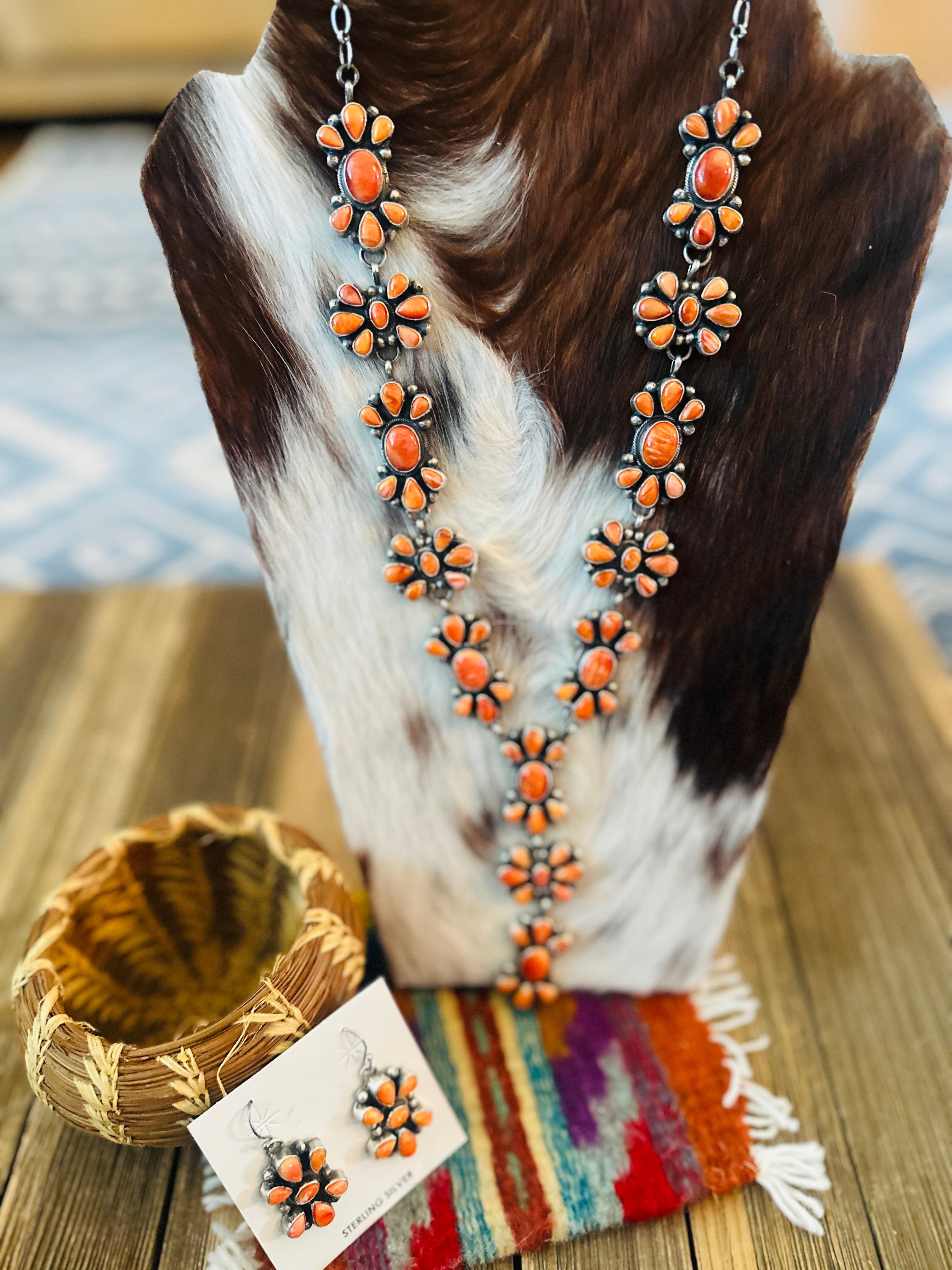 Handcrafted Orange Spiny Oyster & Sterling Silver Necklace and Earring Set by Sheila Becenti