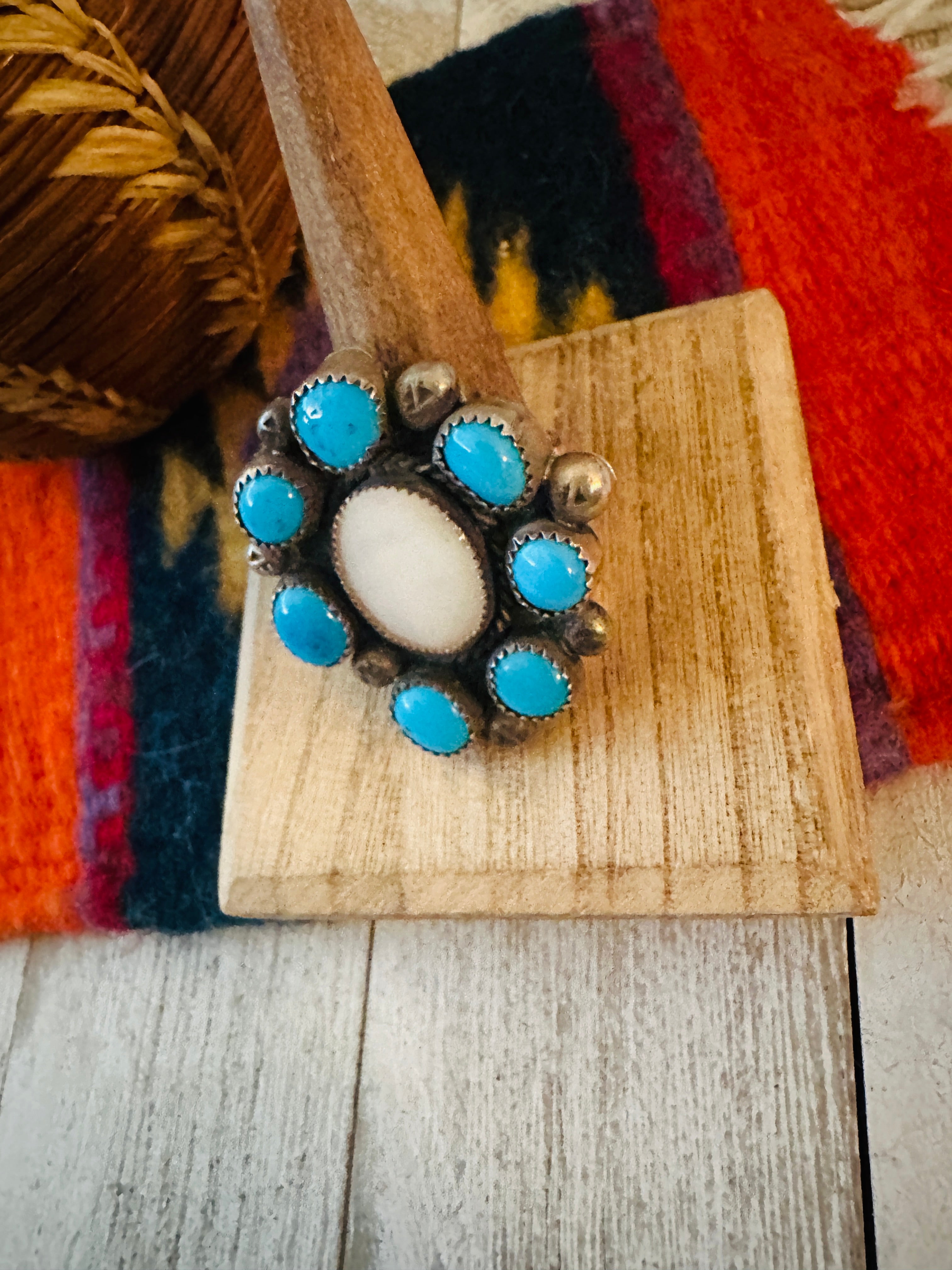 Handcrafted Sterling Silver, Turquoise & Mother of Pearl Cluster Ring Size 9.5