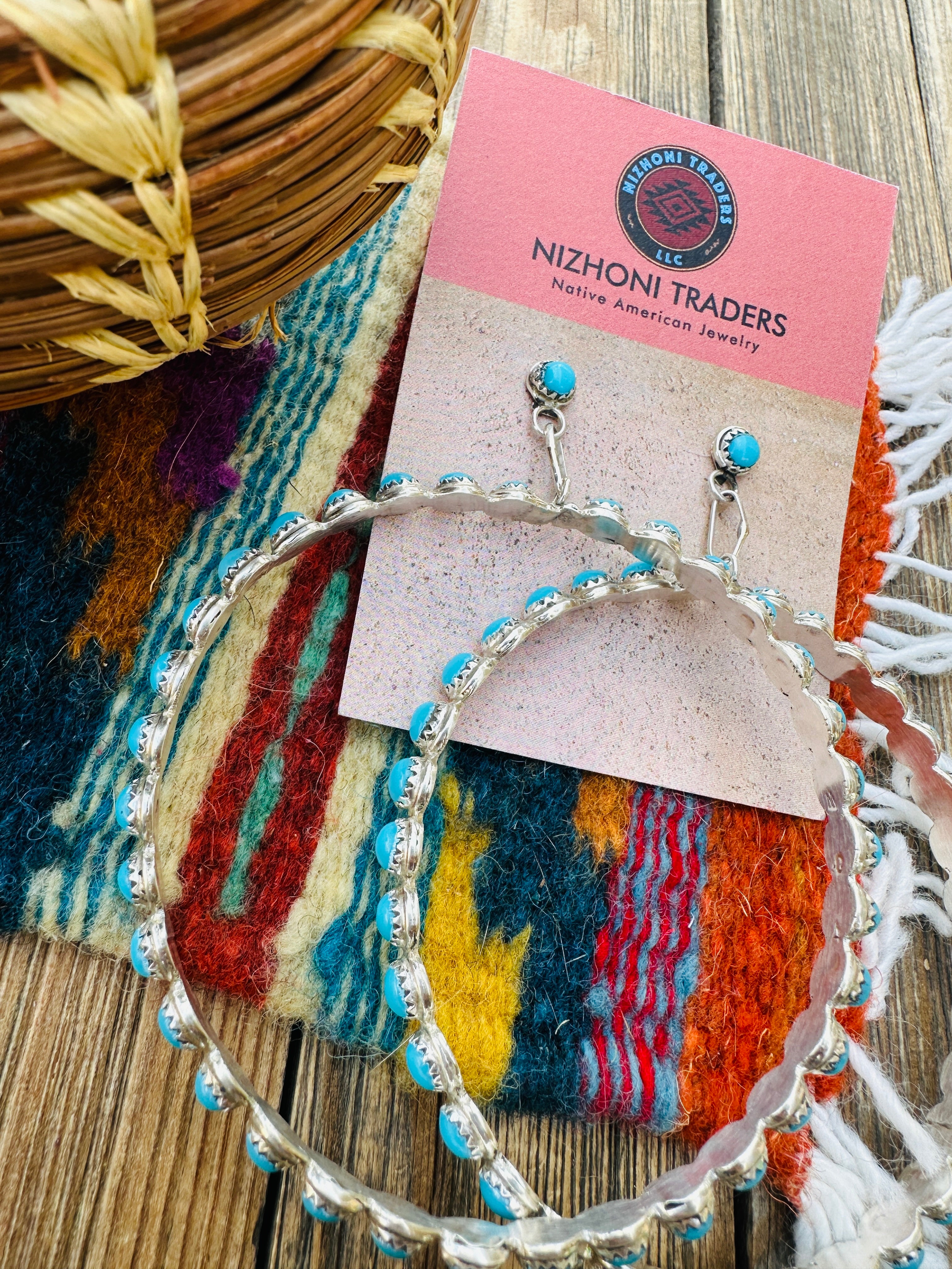 Handcrafted Turquoise & Sterling Silver Dangle Hoop Earrings