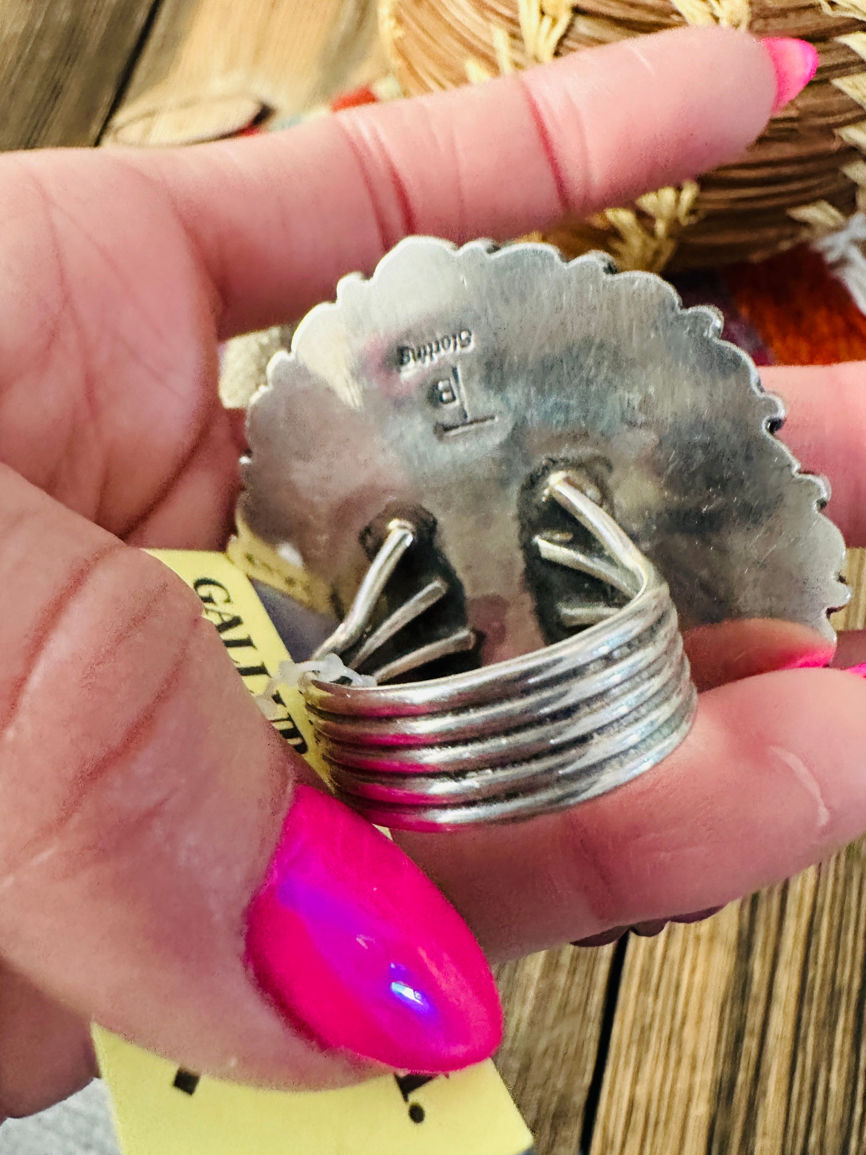 Old Pawn Handcrafted Spiny Oyster & Sterling Silver Cluster Ring Size 10