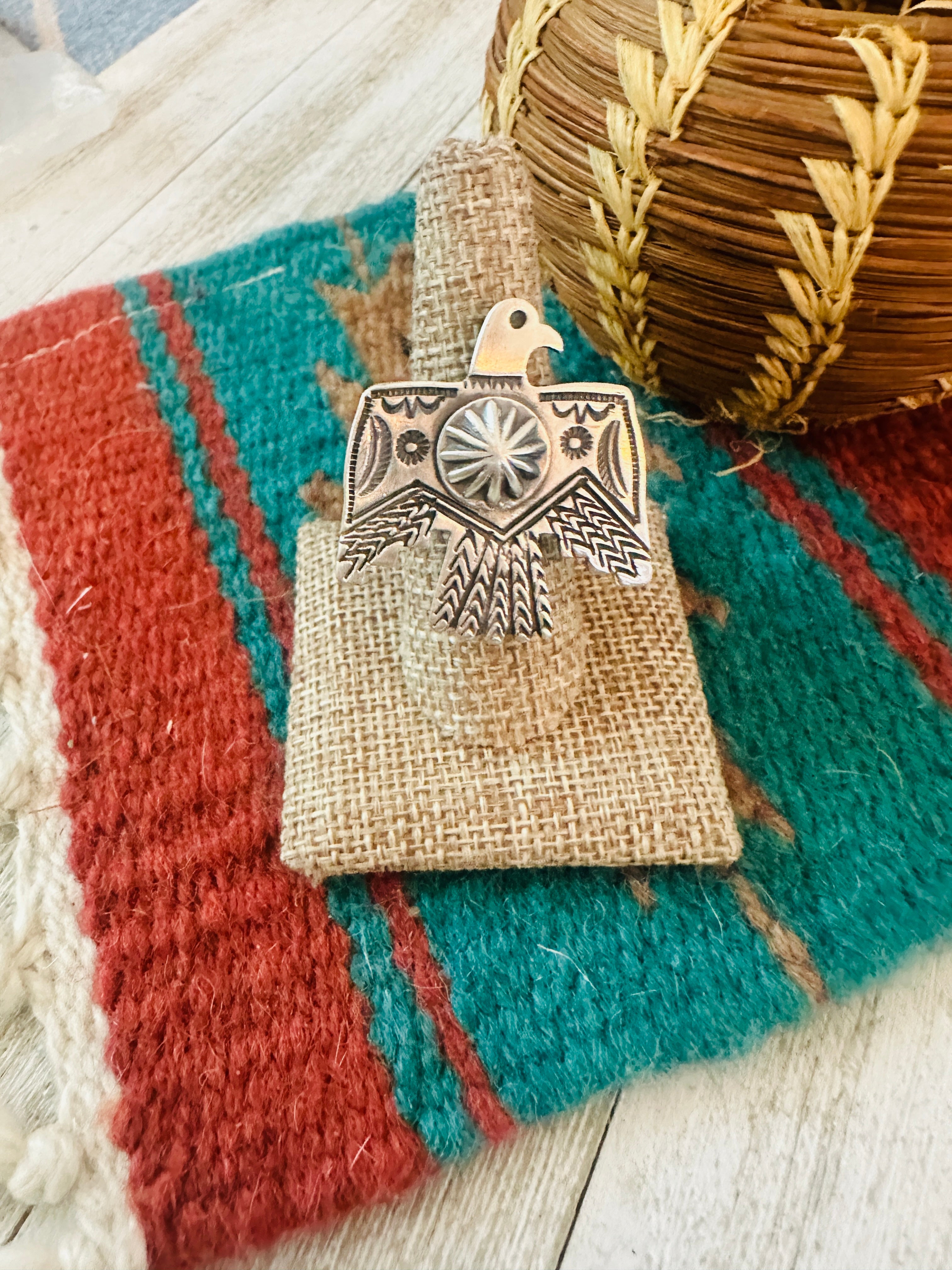 Handcrafted Hand Stamped Sterling Silver Thunderbird Adjustable Ring by Leroy James